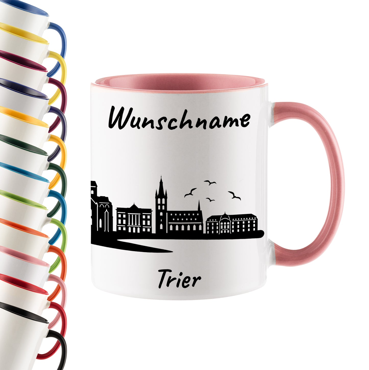 Tasse in Rosa 330ml bedruckt mit der Skyline von Trier personalisierbar mit Wunschname