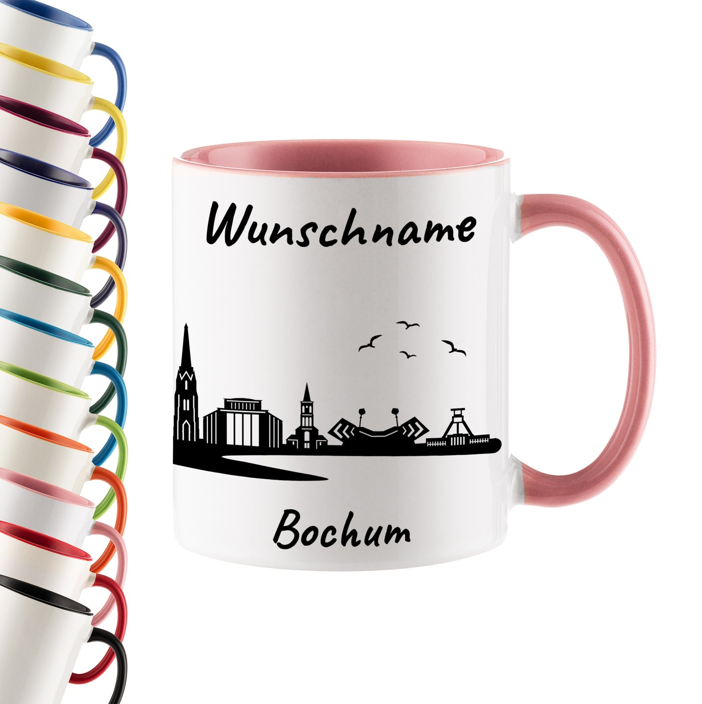 Tasse in Rosa 330ml bedruckt mit der Skyline von Bochum personalisierbar mit Wunschname