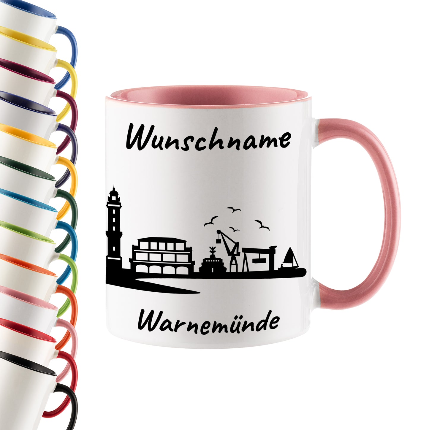 Tasse in Rosa 330ml bedruckt mit der Skyline von Warnemünde personalisierbar mit Wunschname