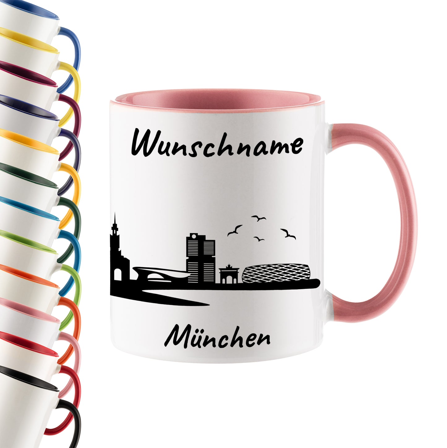 Tasse in Rosa 330ml bedruckt mit der Skyline von München personalisierbar mit Wunschname