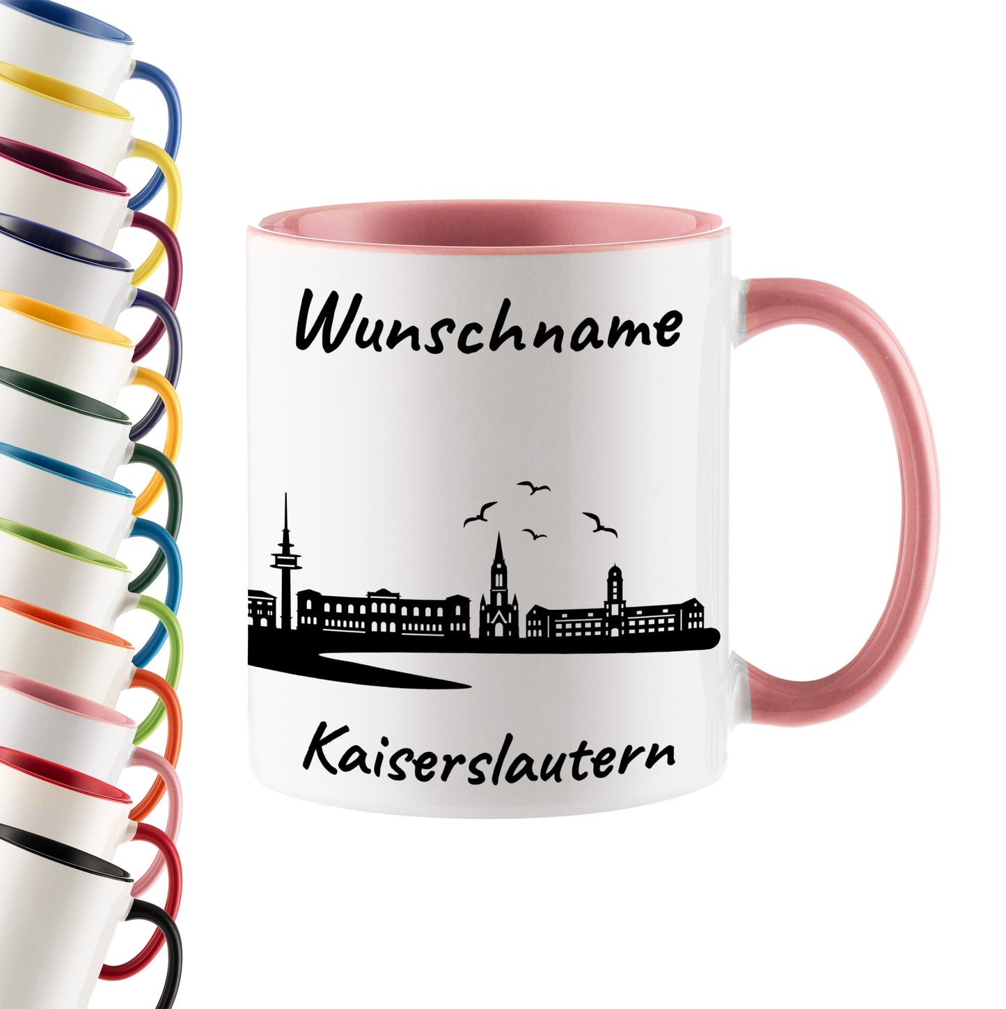 Tasse in Rosa 330ml bedruckt mit der Skyline von Kaiserslautern personalisierbar mit Wunschname