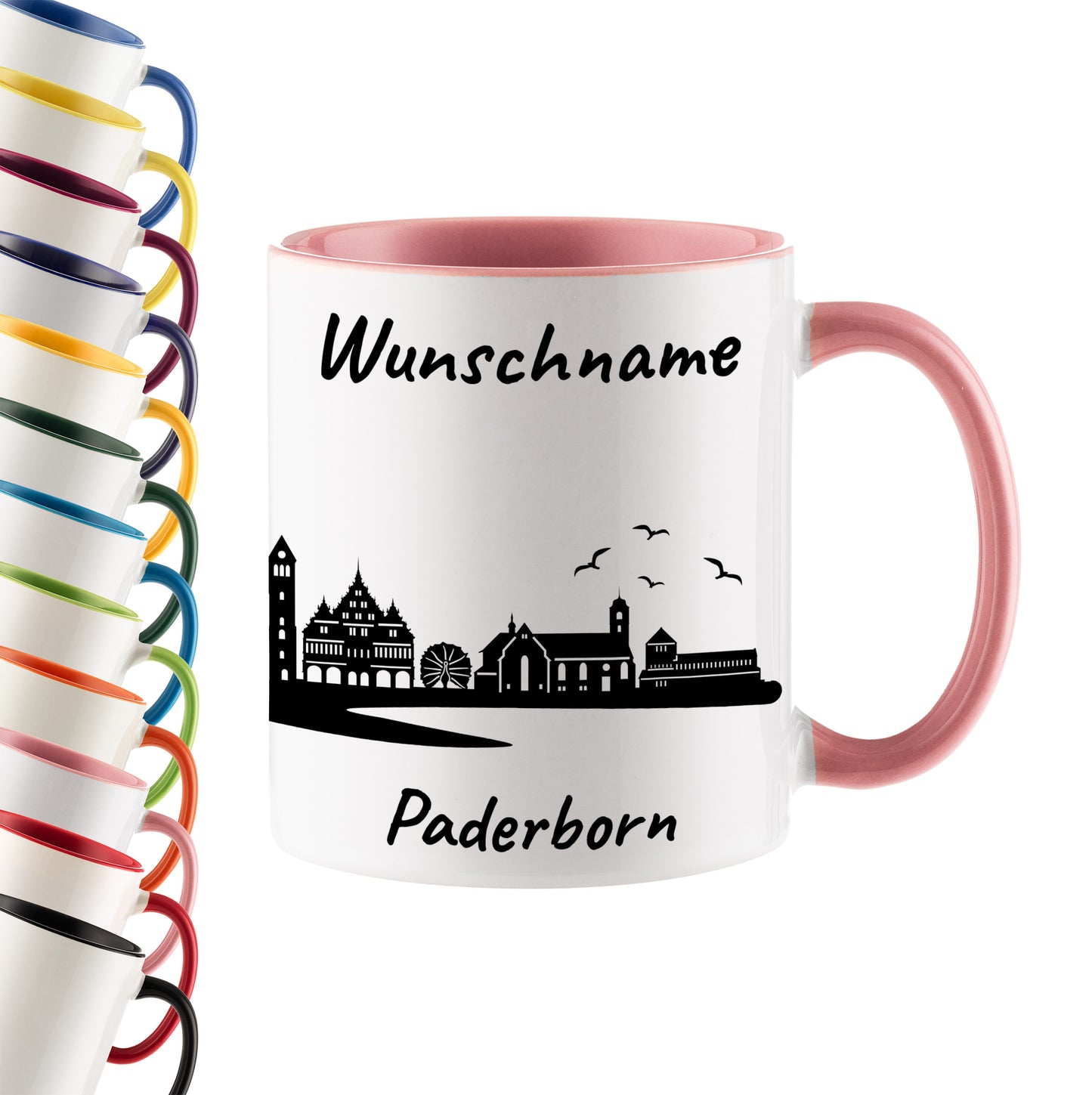 Tasse in Rosa 330ml bedruckt mit der Skyline von Paderborn personalisierbar mit Wunschname