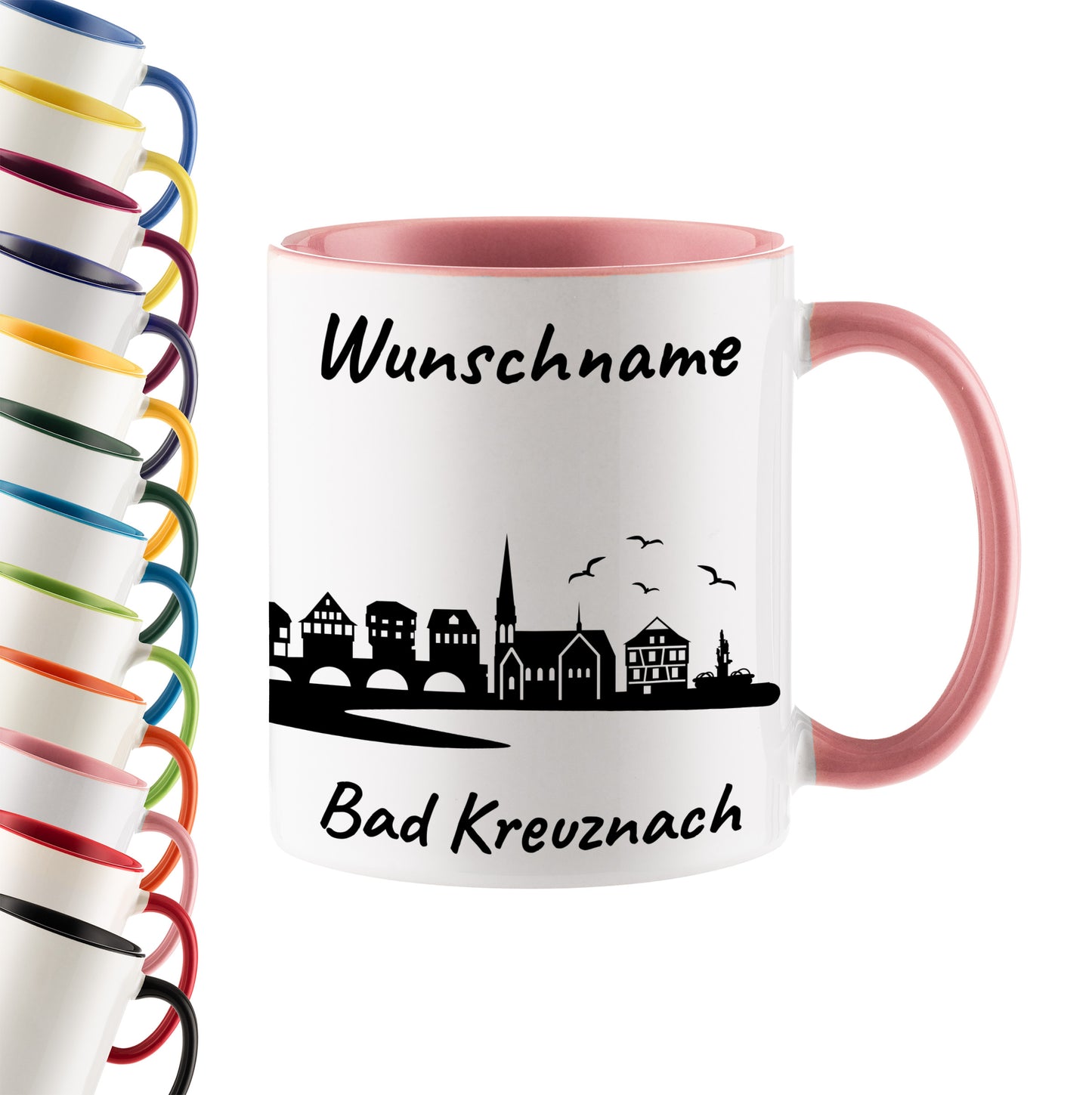 Tasse in Rosa 330ml bedruckt mit der Skyline von Bad Kreuznach personalisierbar mit Wunschname