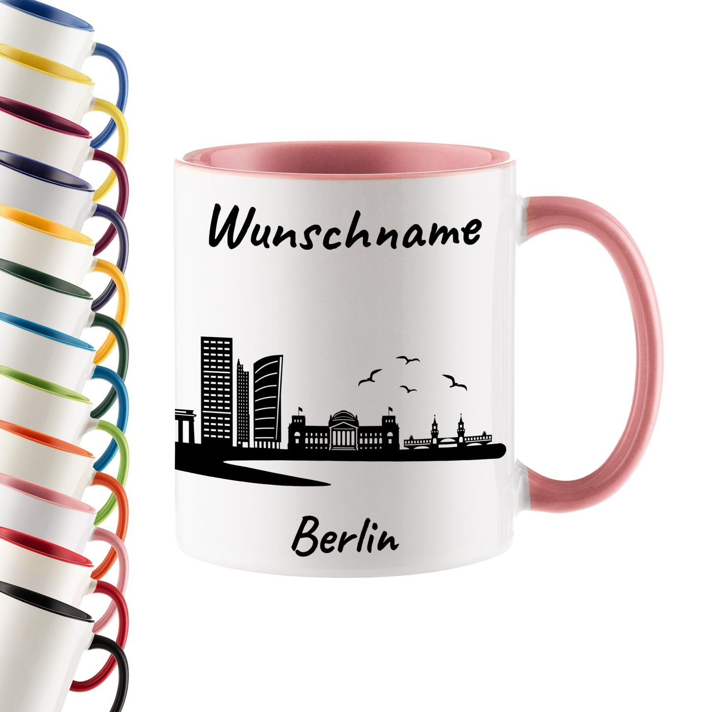 Tasse in Rosa 330ml bedruckt mit der Skyline von Berlin personalisierbar mit Wunschname