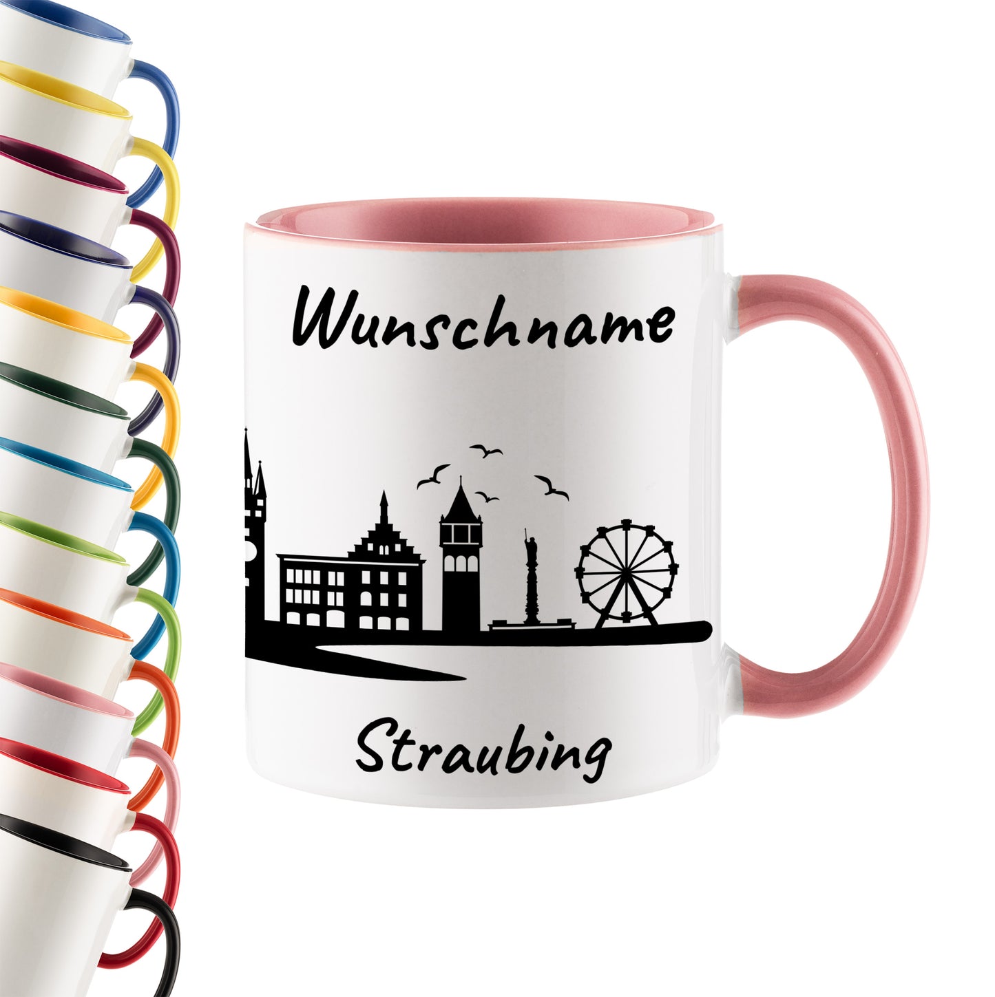 Tasse in Rosa 330ml bedruckt mit der Skyline von Straubing personalisierbar mit Wunschname
