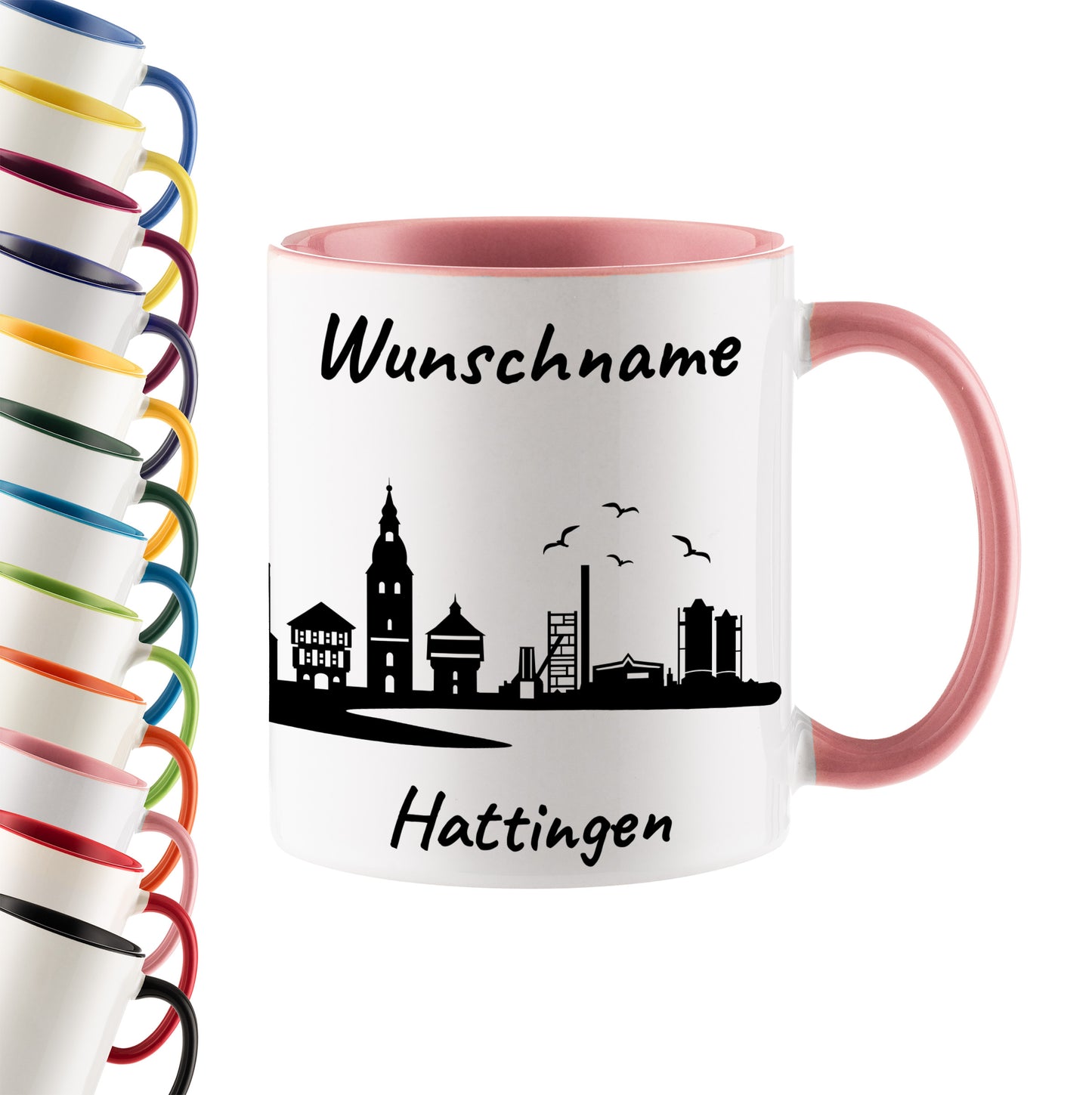 Tasse in Rosa 330ml bedruckt mit der Skyline von Hattingen personalisierbar mit Wunschname