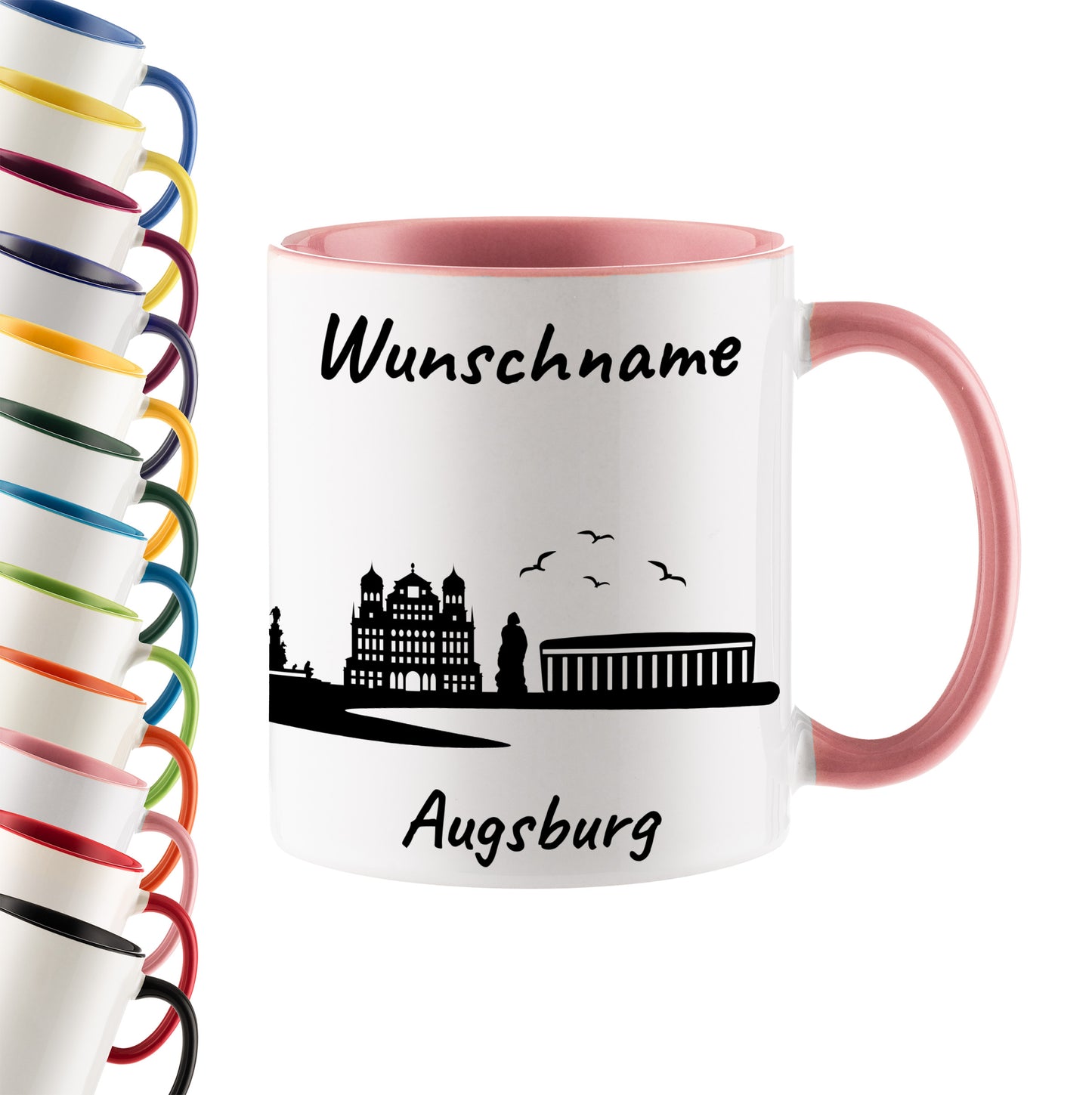 Tasse in Rosa 330ml bedruckt mit der Skyline von Augsburg personalisierbar mit Wunschname