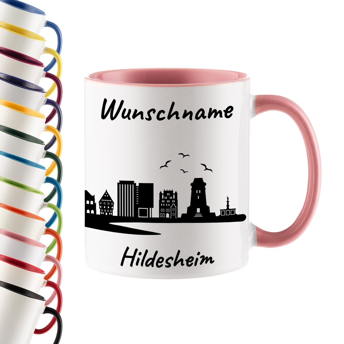 Tasse in Rosa 330ml bedruckt mit der Skyline von Hildesheim personalisierbar mit Wunschname