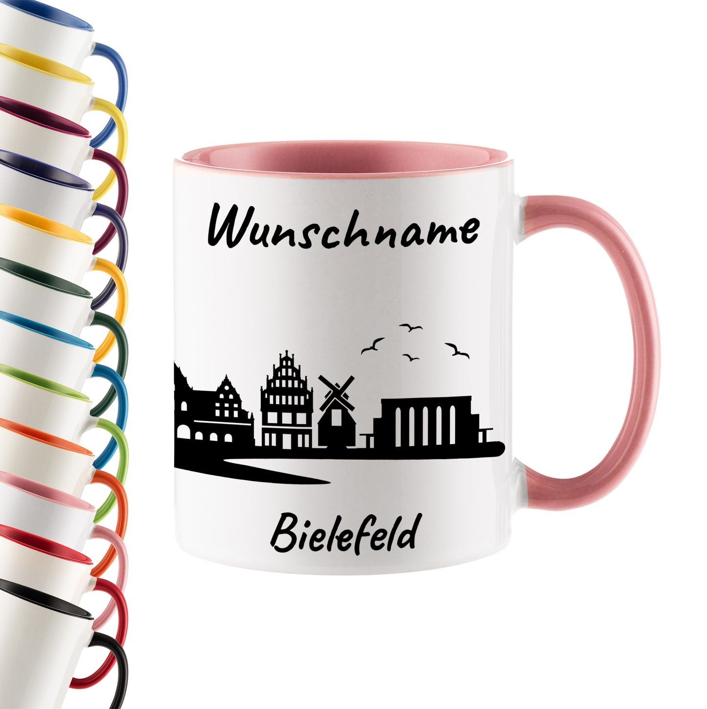 Tasse in Rosa 330ml bedruckt mit der Skyline von Bielefeld personalisierbar mit Wunschname