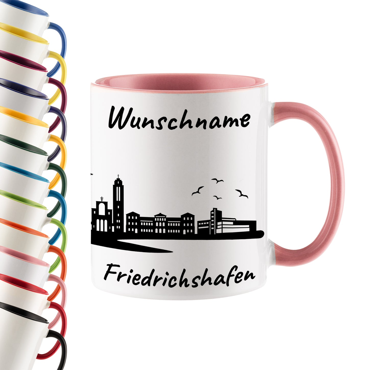 Tasse in Rosa 330ml bedruckt mit der Skyline von Friedrichshafen personalisierbar mit Wunschname