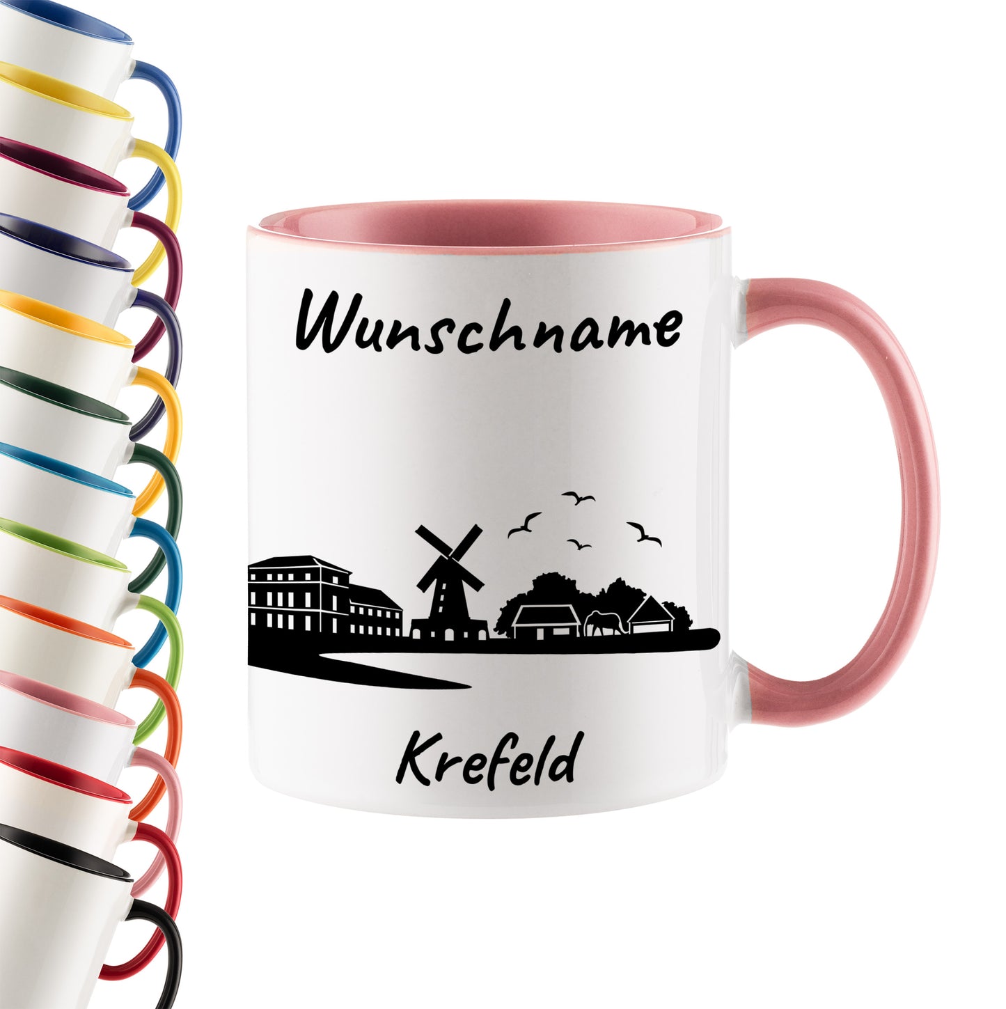 Tasse in Rosa 330ml bedruckt mit der Skyline von Krefeld personalisierbar mit Wunschname