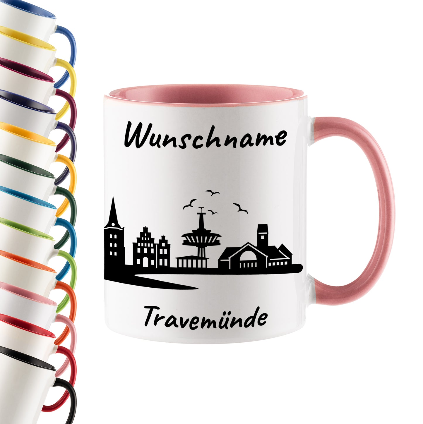 Tasse in Rosa 330ml bedruckt mit der Skyline von Travemünde personalisierbar mit Wunschname