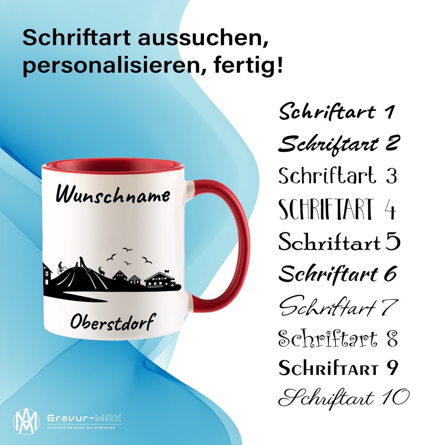 Tasse in Rot 330ml bedruckt mit der Skyline von Oberstdorf personalisierbar mit Wunschname