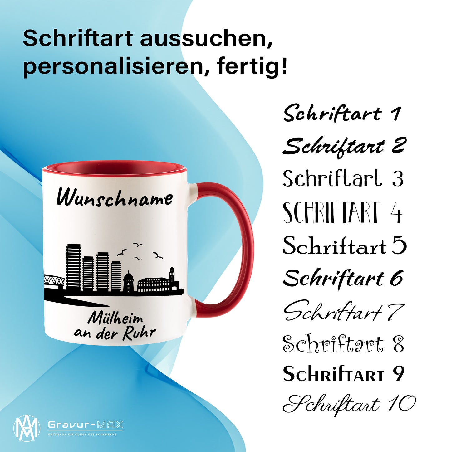 Tasse in Rot 330ml bedruckt mit der Skyline von Mülheim an der Ruhr personalisierbar mit Wunschname