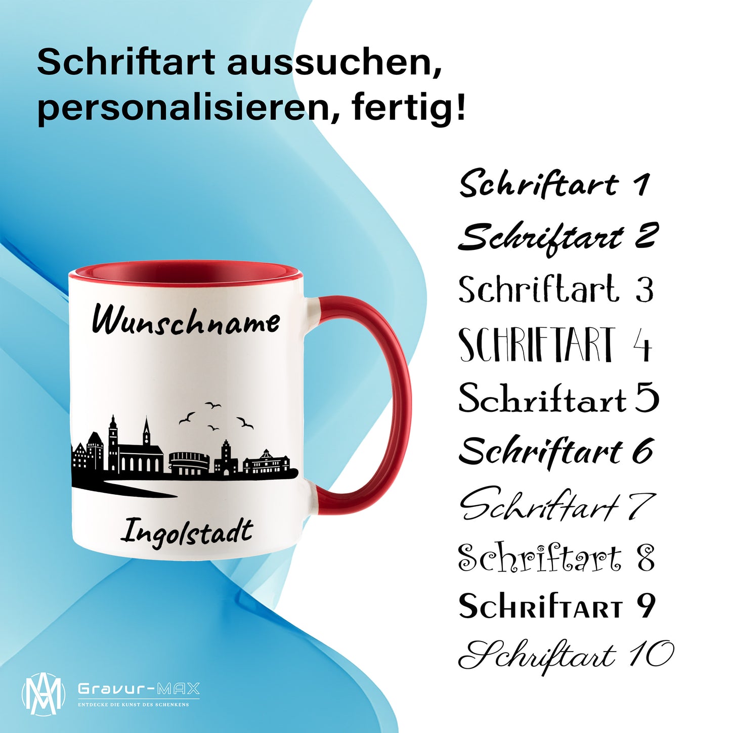 Tasse in Rot 330ml bedruckt mit der Skyline von Ingolstadt personalisierbar mit Wunschname