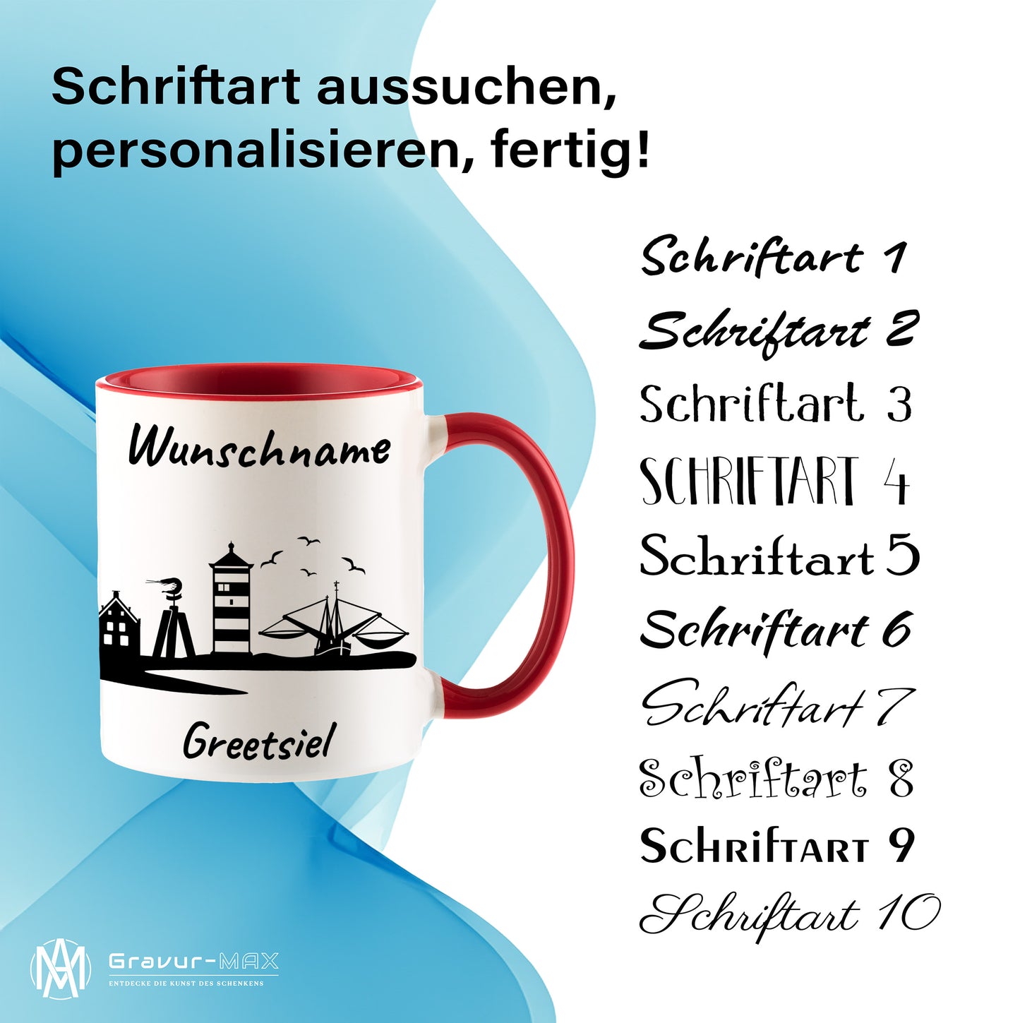 Tasse in Rot 330ml bedruckt mit der Skyline von Greetsiel personalisierbar mit Wunschname