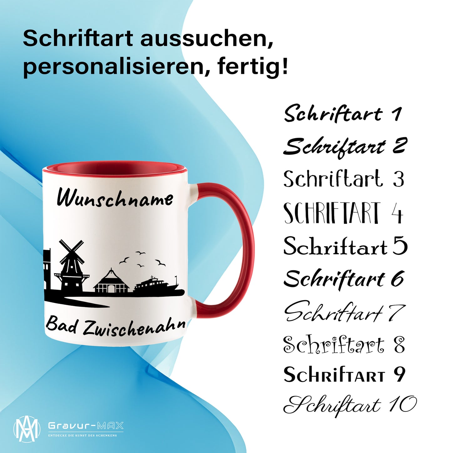 Tasse in Rot 330ml bedruckt mit der Skyline von Bad Zwischenahn personalisierbar mit Wunschname