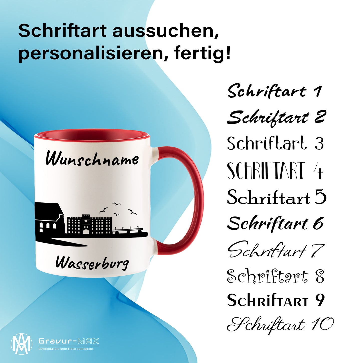 Tasse in Rot 330ml bedruckt mit der Skyline von Wasserburg personalisierbar mit Wunschname