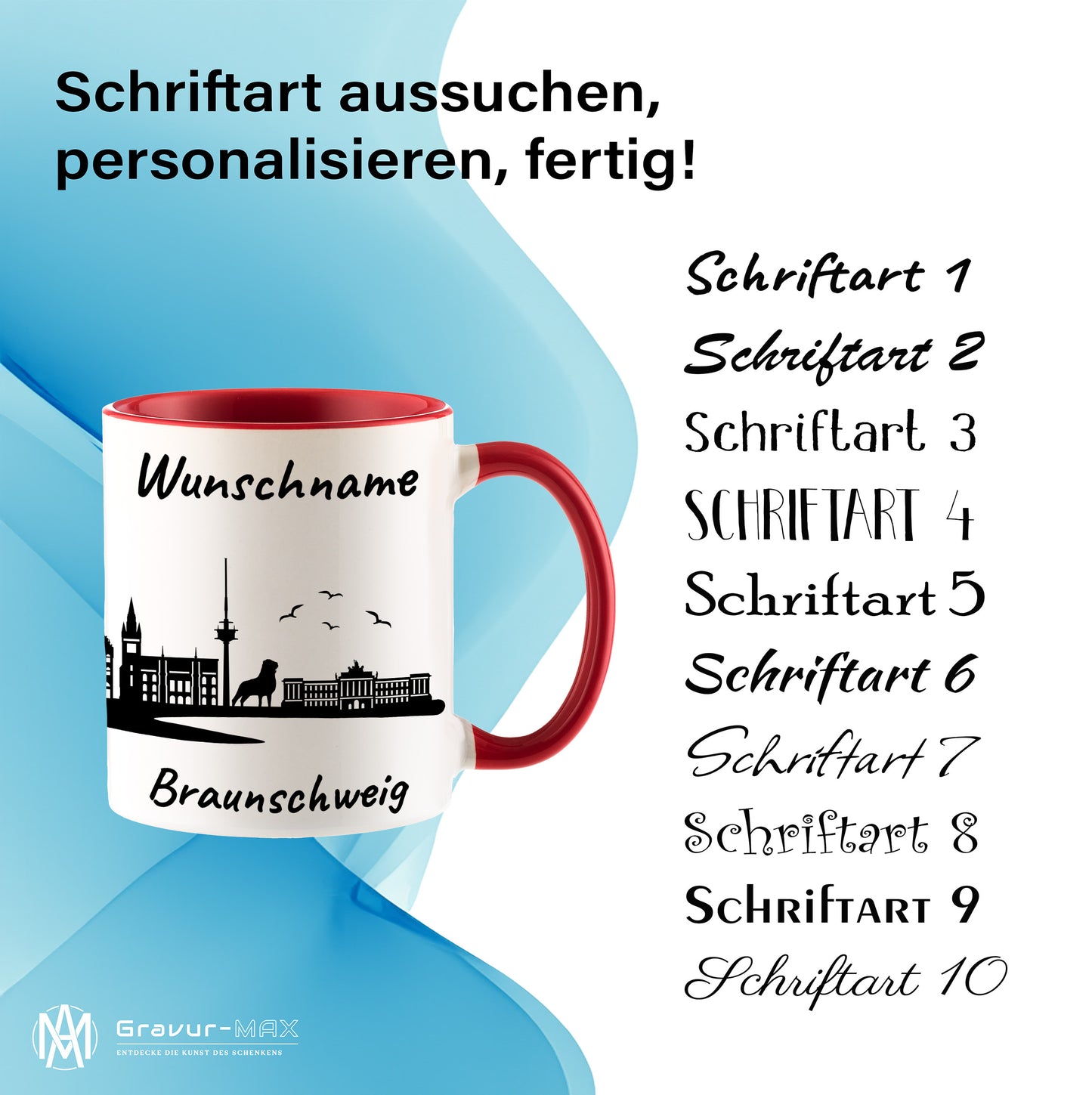 Tasse in Rot 330ml bedruckt mit der Skyline von Braunschweig personalisierbar mit Wunschname