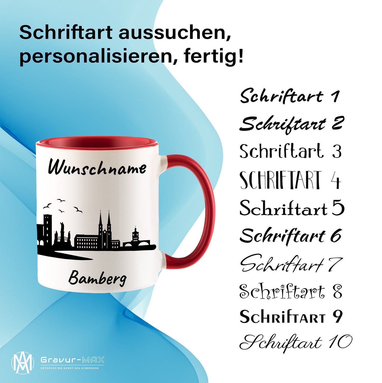 Tasse in Rot 330ml bedruckt mit der Skyline von Bamberg personalisierbar mit Wunschname