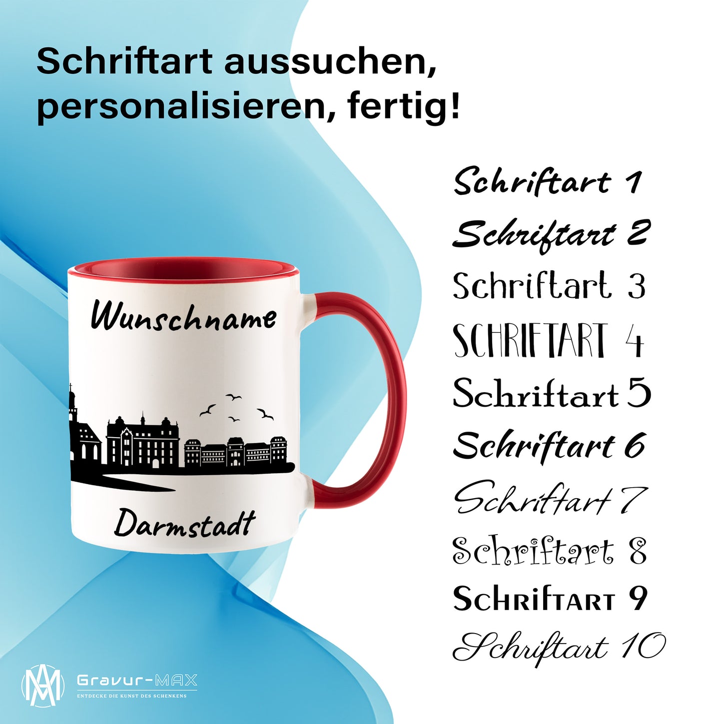 Tasse in Rot 330ml bedruckt mit der Skyline von Darmstadt personalisierbar mit Wunschname