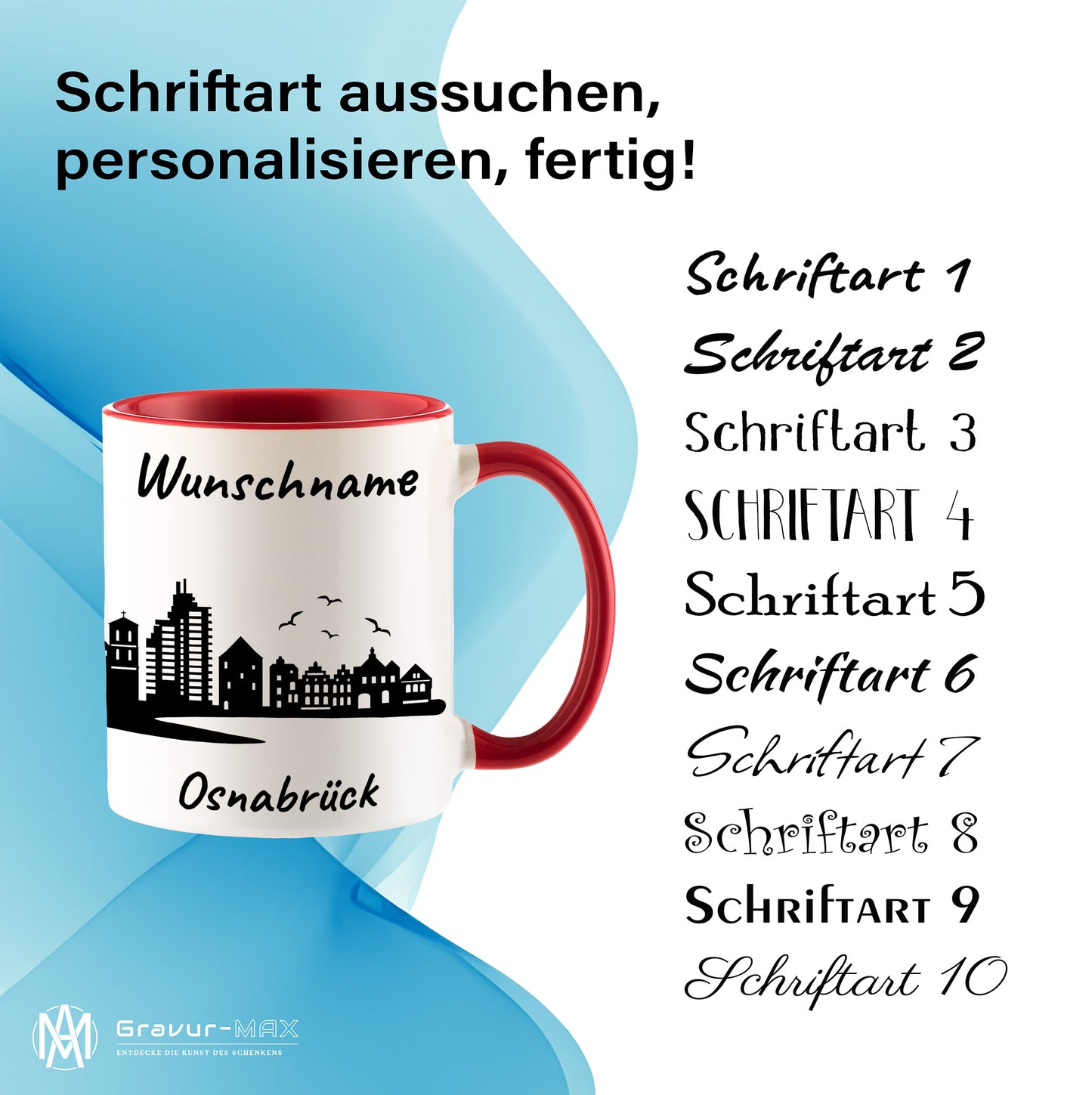 Tasse in Rot 330ml bedruckt mit der Skyline von Osnabrück personalisierbar mit Wunschname
