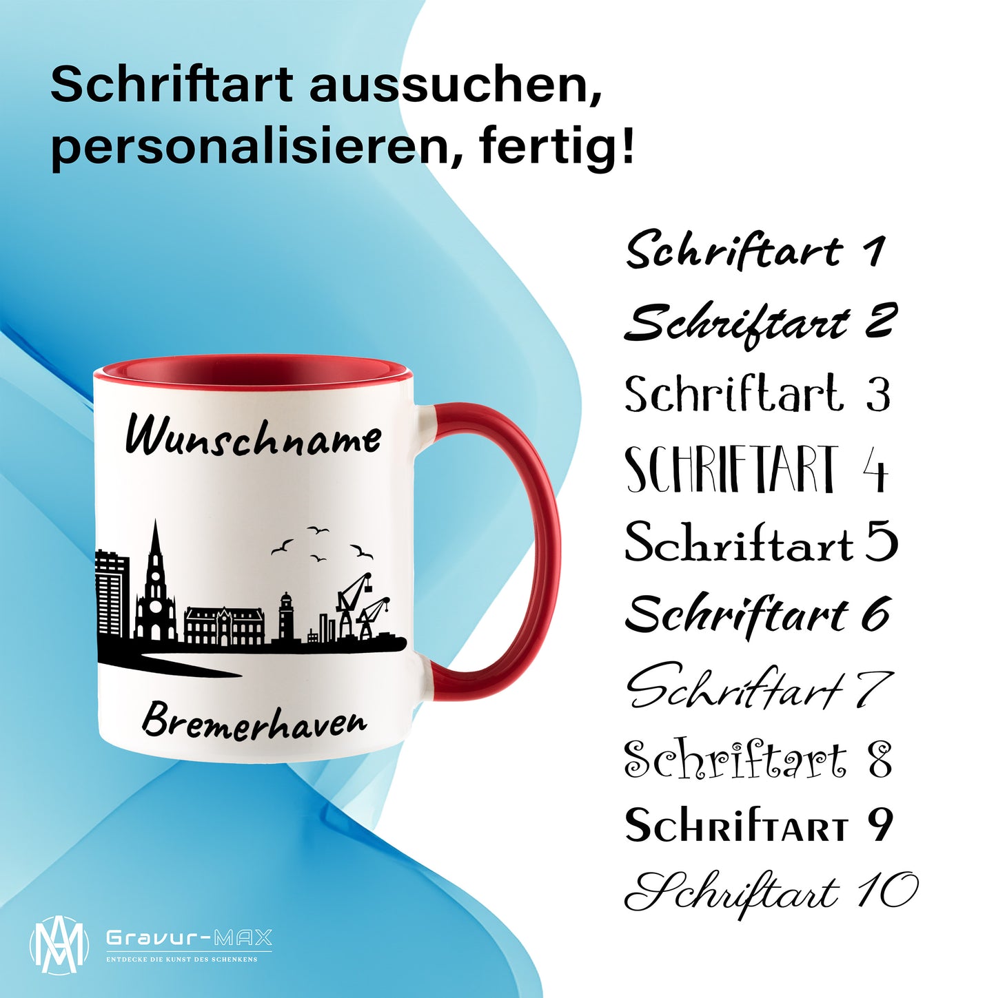 Tasse in Rot 330ml bedruckt mit der Skyline von Bremerhaven personalisierbar mit Wunschname