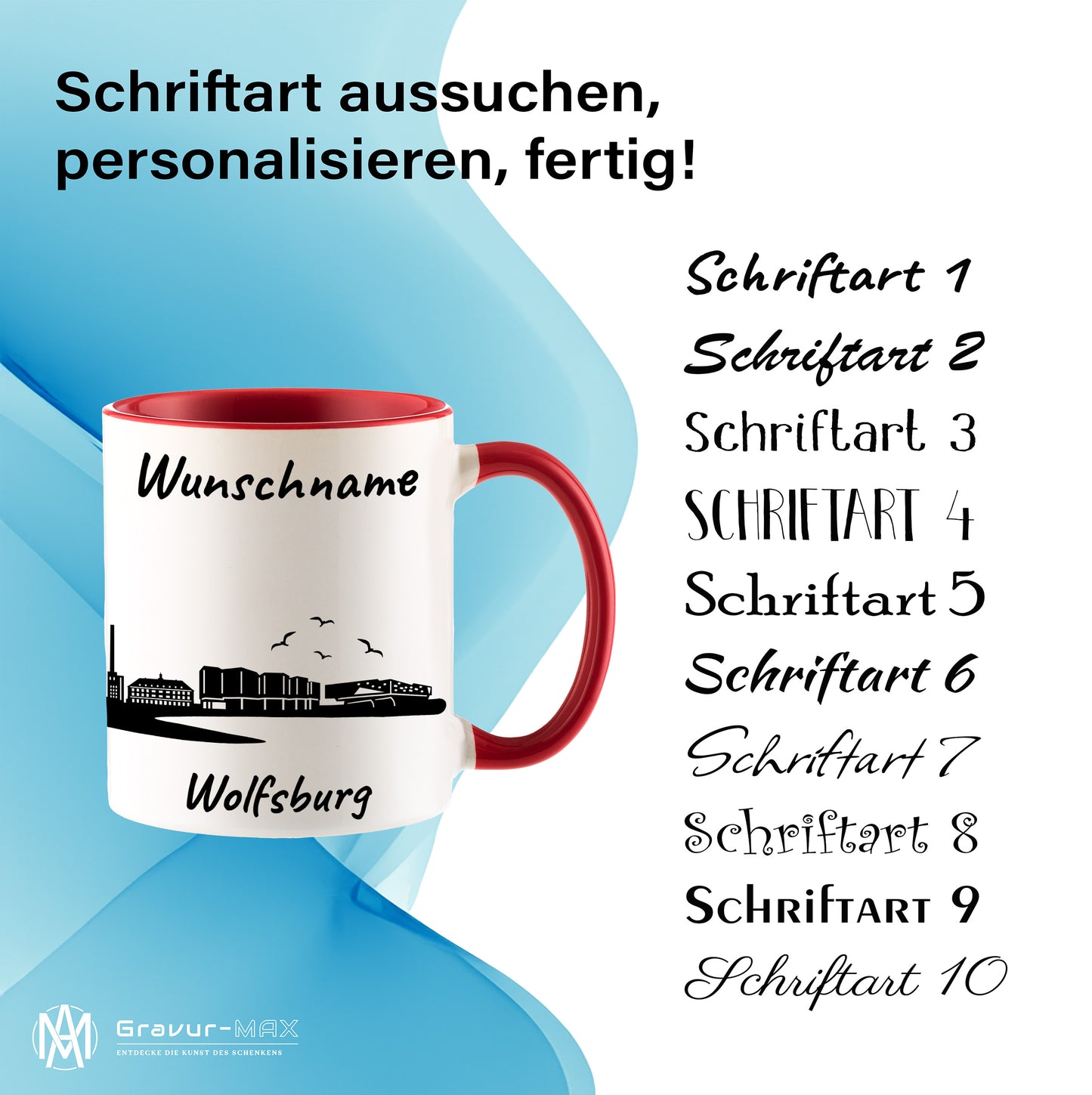 Tasse in Rot 330ml bedruckt mit der Skyline von Wolfsburg personalisierbar mit Wunschname