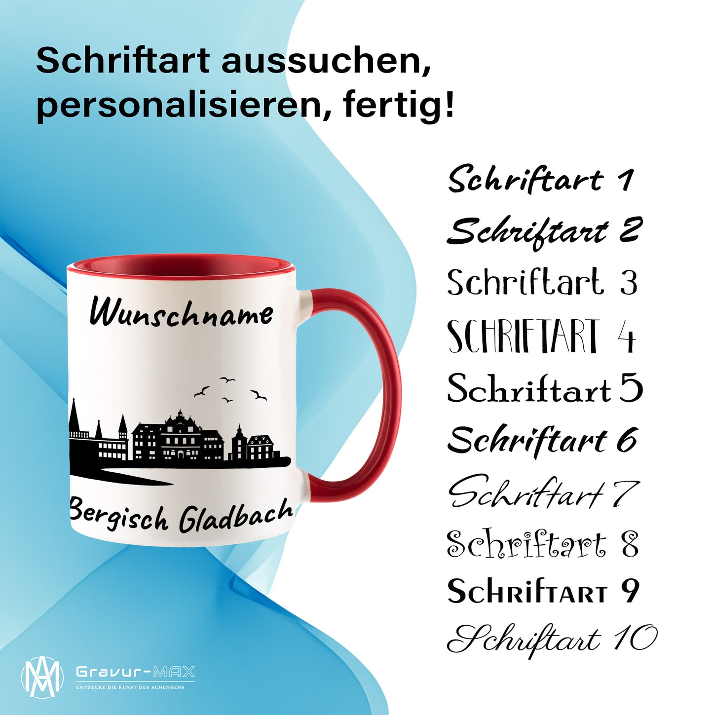 Tasse in Rot 330ml bedruckt mit der Skyline von Bergisch Gladbach personalisierbar mit Wunschname