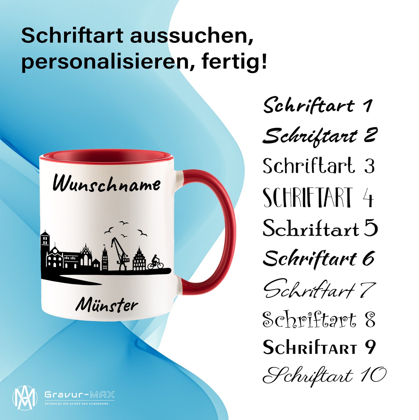 Tasse in Rot 330ml bedruckt mit der Skyline von Münster personalisierbar mit Wunschname