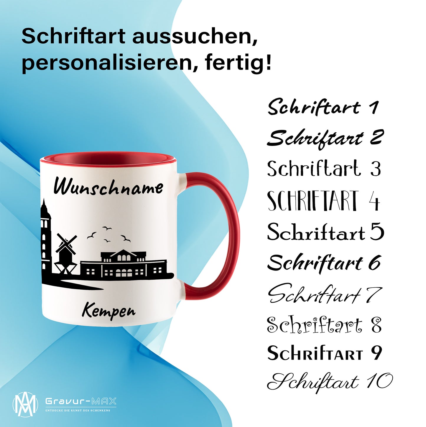 Tasse in Rot 330ml bedruckt mit der Skyline von Kempen personalisierbar mit Wunschname