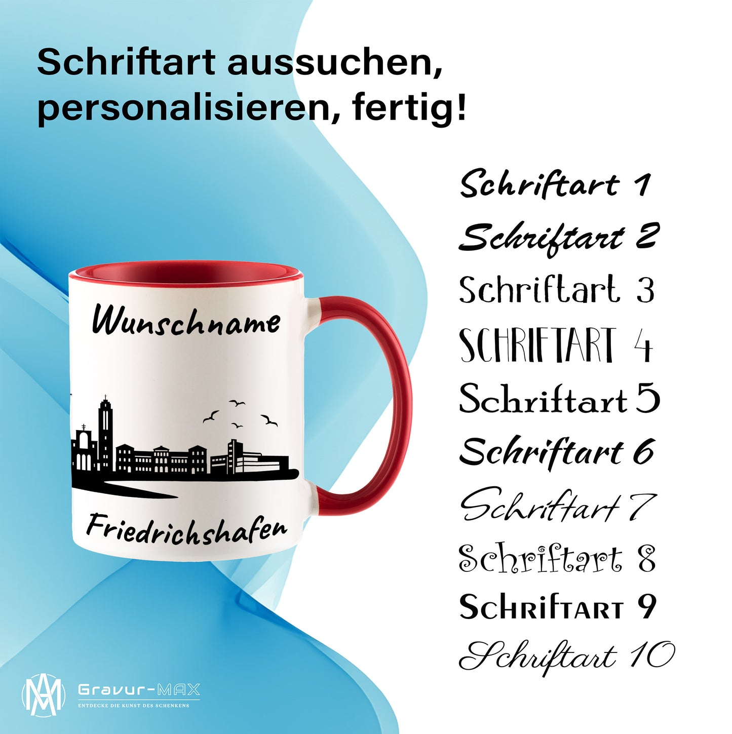 Tasse in Rot 330ml bedruckt mit der Skyline von Friedrichshafen personalisierbar mit Wunschname