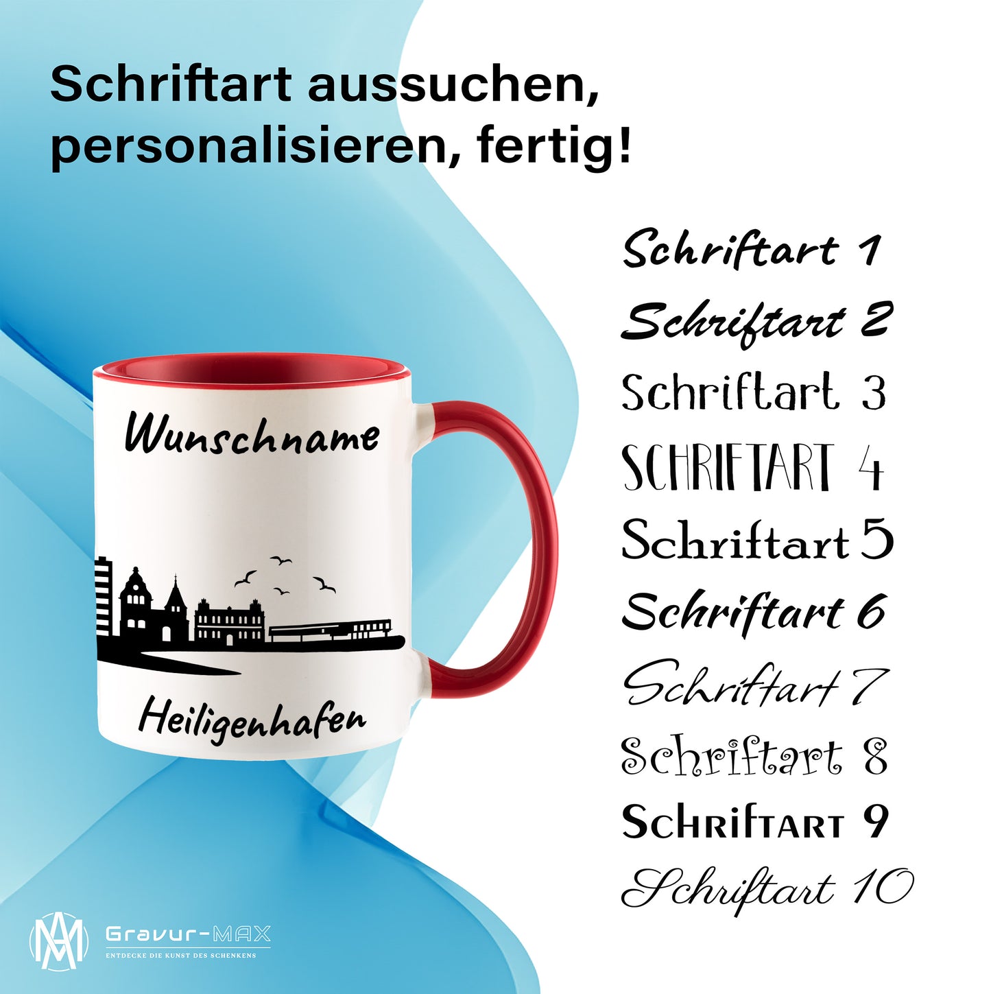 Tasse in Rot 330ml bedruckt mit der Skyline von Heiligenhafen personalisierbar mit Wunschname