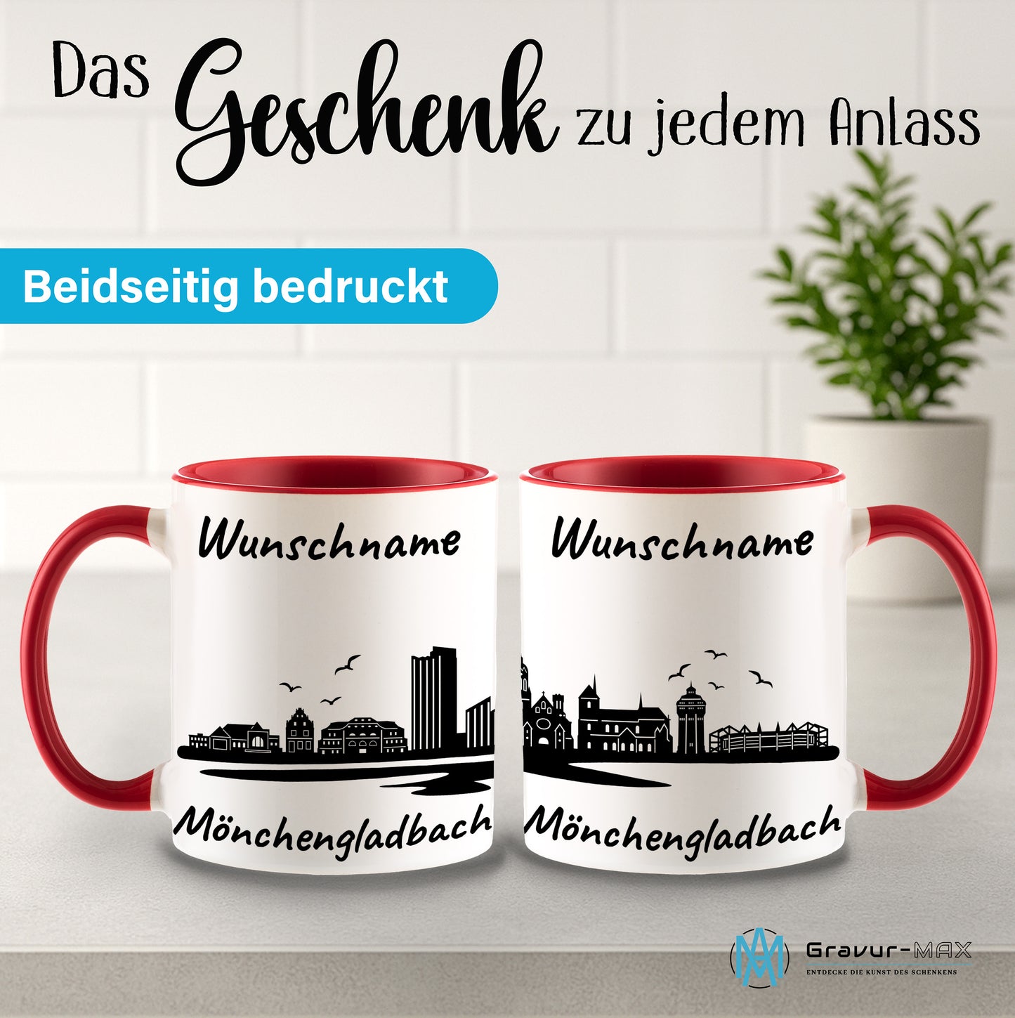 Tasse in Rot 330ml bedruckt mit der Skyline von Mönchengladbach personalisierbar mit Wunschname