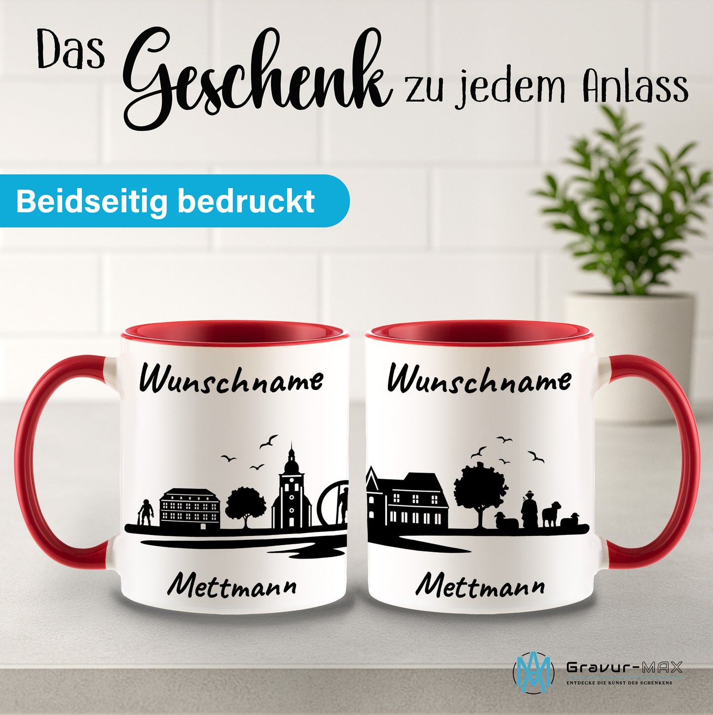 Tasse in Rot 330ml bedruckt mit der Skyline von Mettmann personalisierbar mit Wunschname