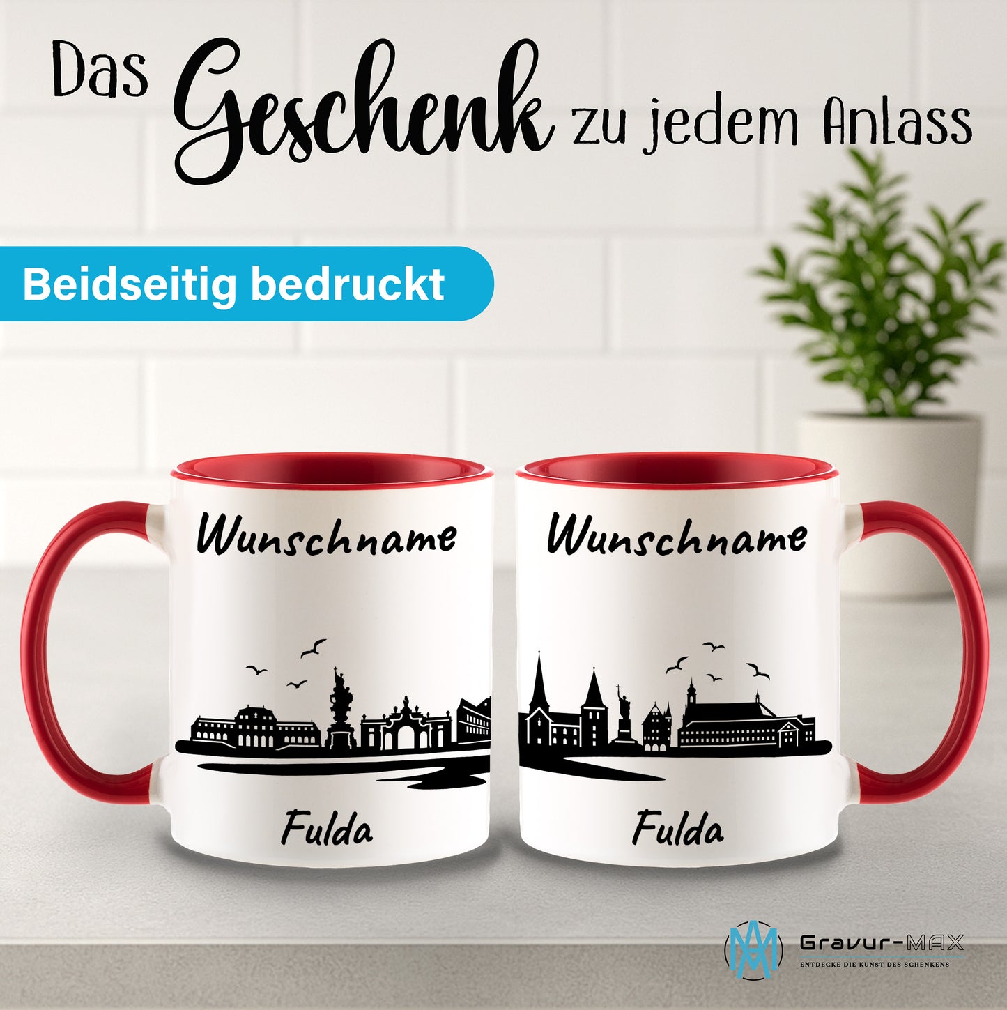 Tasse in Rot 330ml bedruckt mit der Skyline von Fulda personalisierbar mit Wunschname