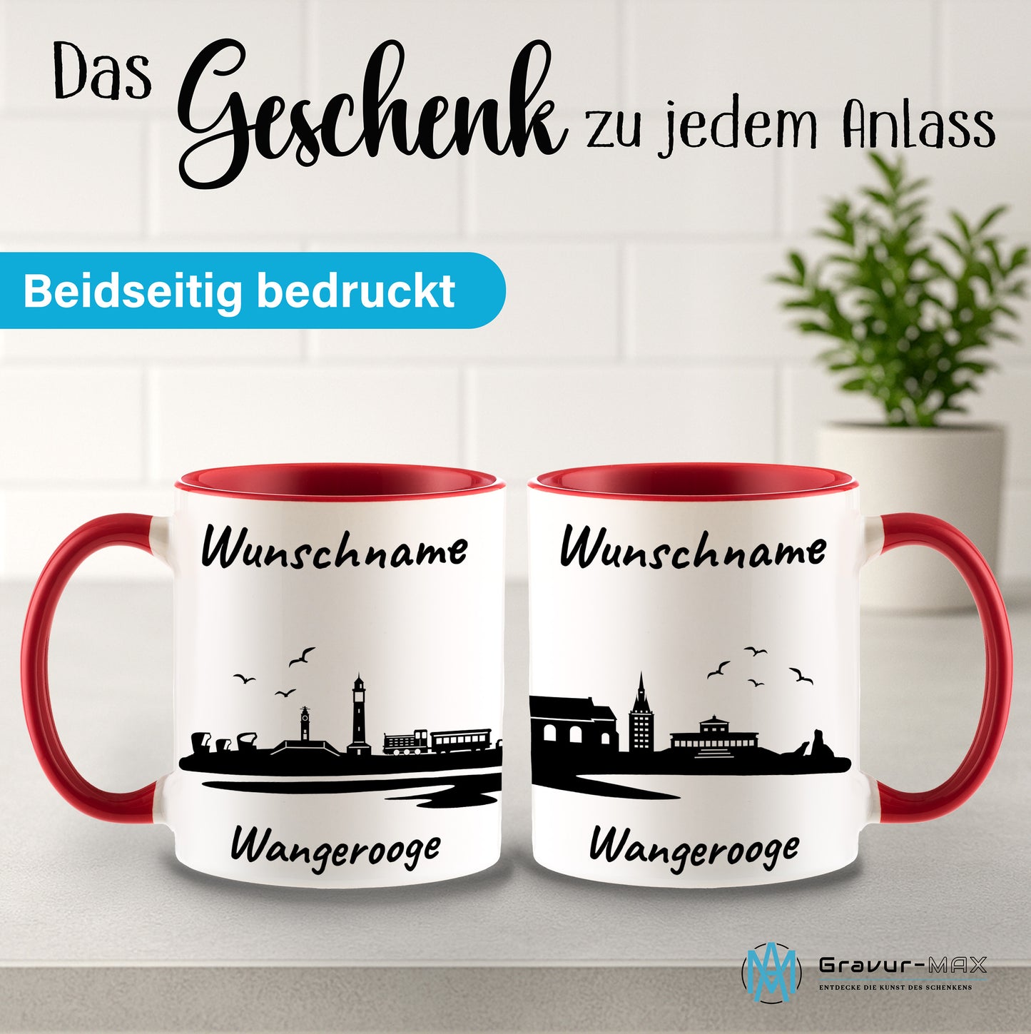 Tasse in Rot 330ml bedruckt mit der Skyline von Wangerooge personalisierbar mit Wunschname