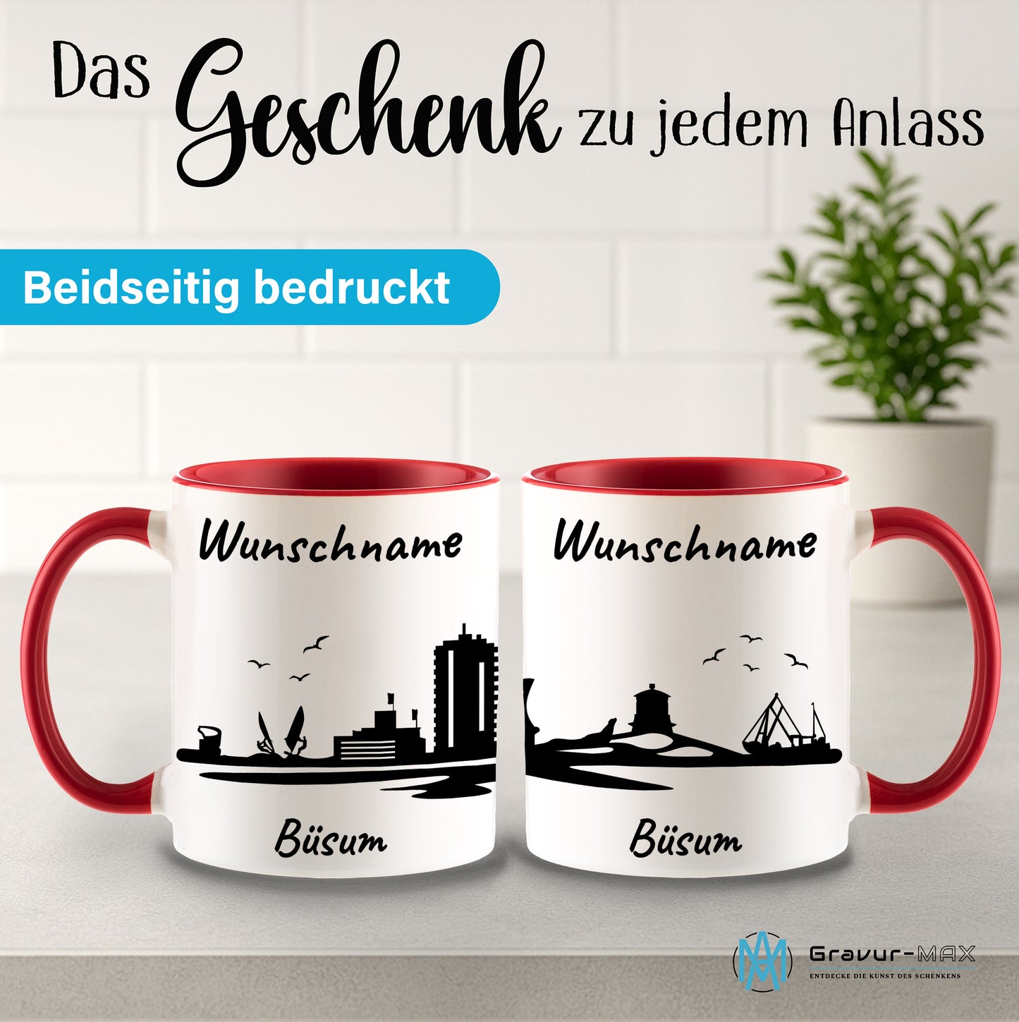 Tasse in Rot 330ml bedruckt mit der Skyline von Büsum personalisierbar mit Wunschname