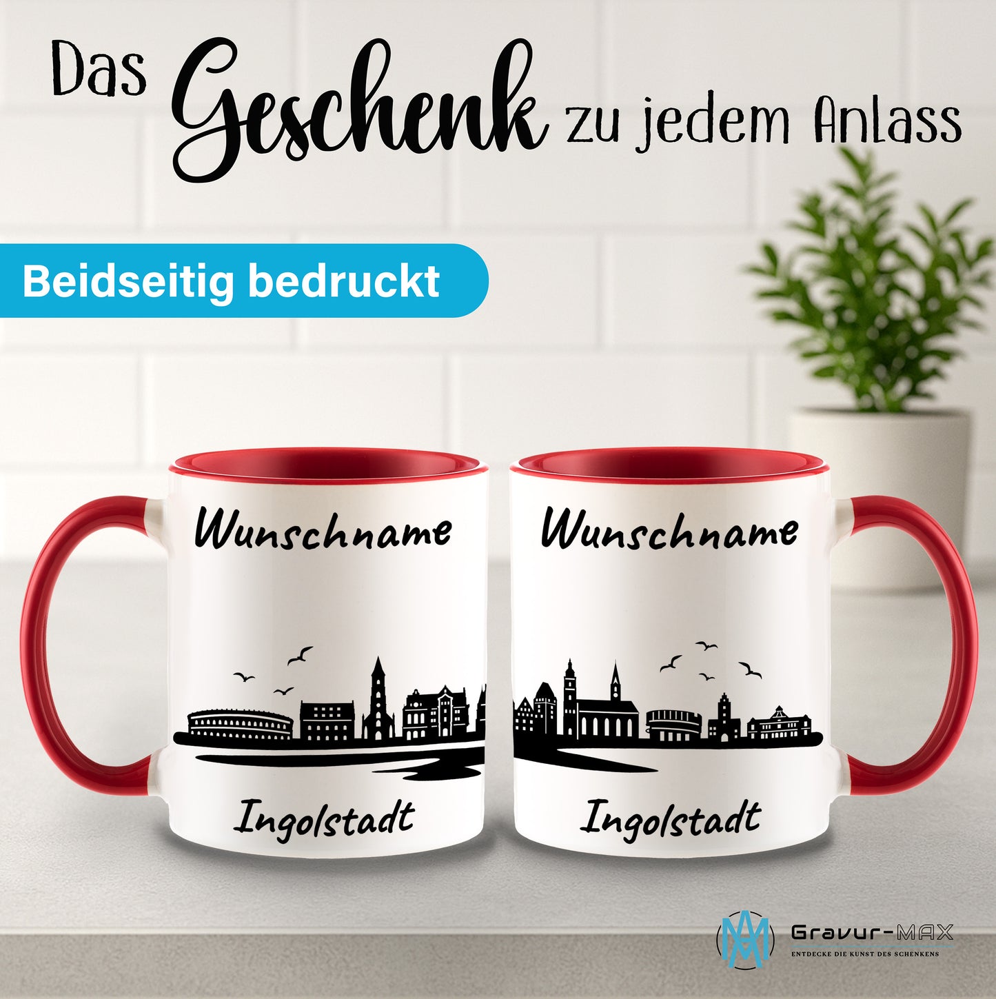 Tasse in Rot 330ml bedruckt mit der Skyline von Ingolstadt personalisierbar mit Wunschname