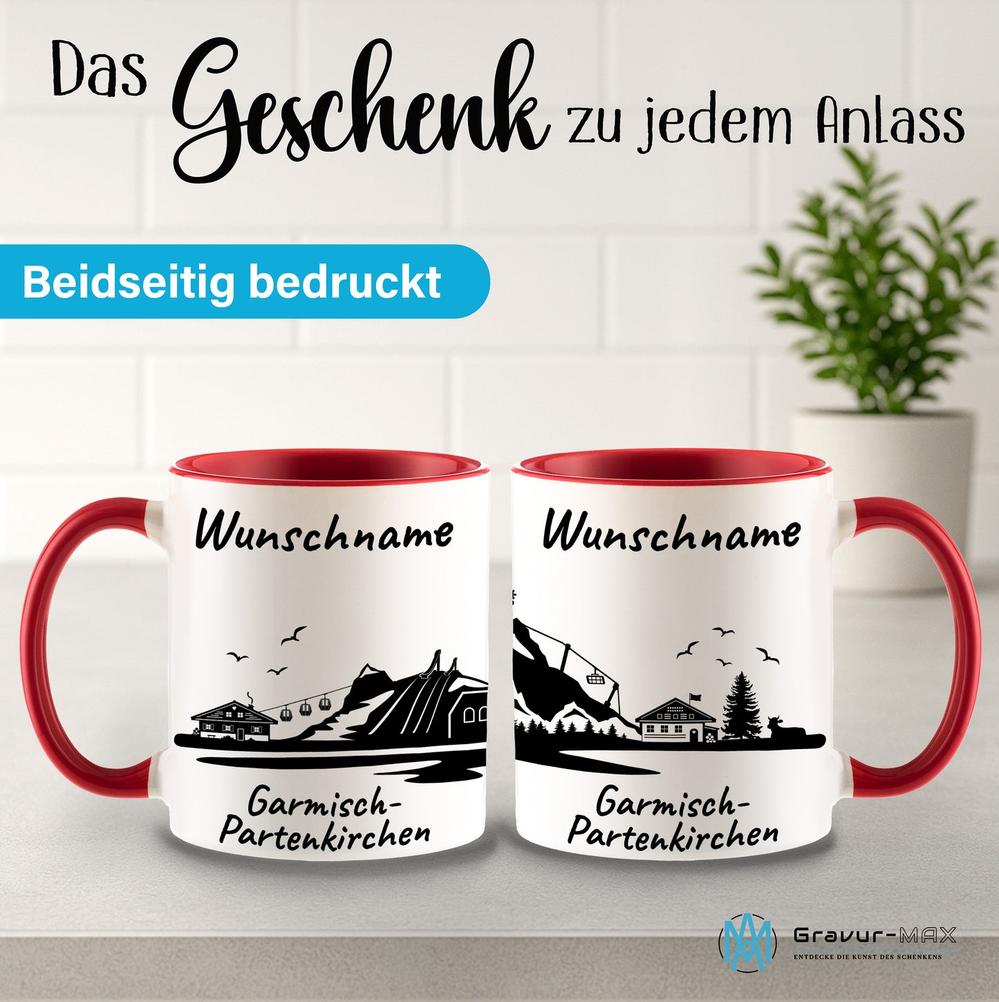 Tasse in Rot 330ml bedruckt mit der Skyline von Garmisch-Partenkirchen personalisierbar mit Wunschname