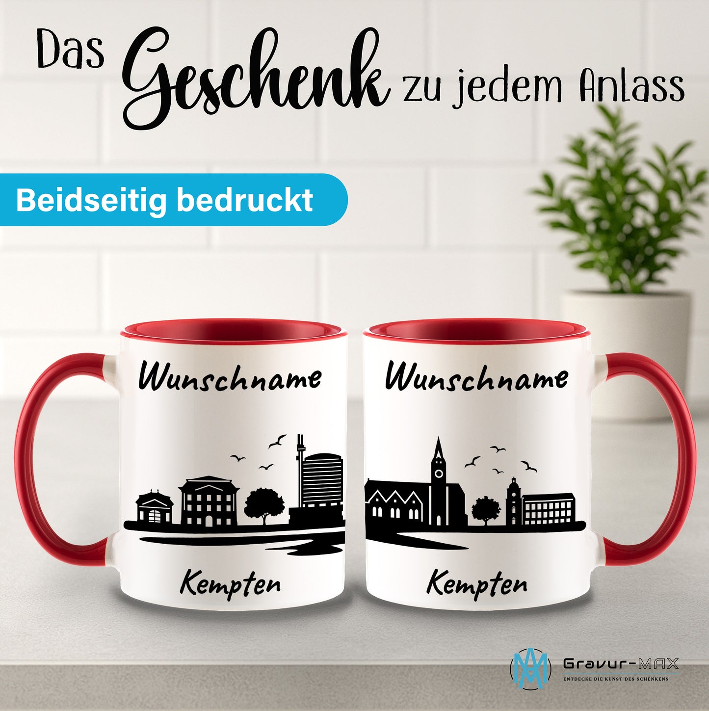 Tasse in Rot 330ml bedruckt mit der Skyline von Kempten personalisierbar mit Wunschname