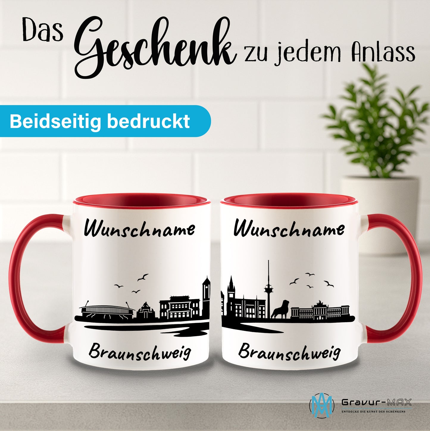 Tasse in Rot 330ml bedruckt mit der Skyline von Braunschweig personalisierbar mit Wunschname