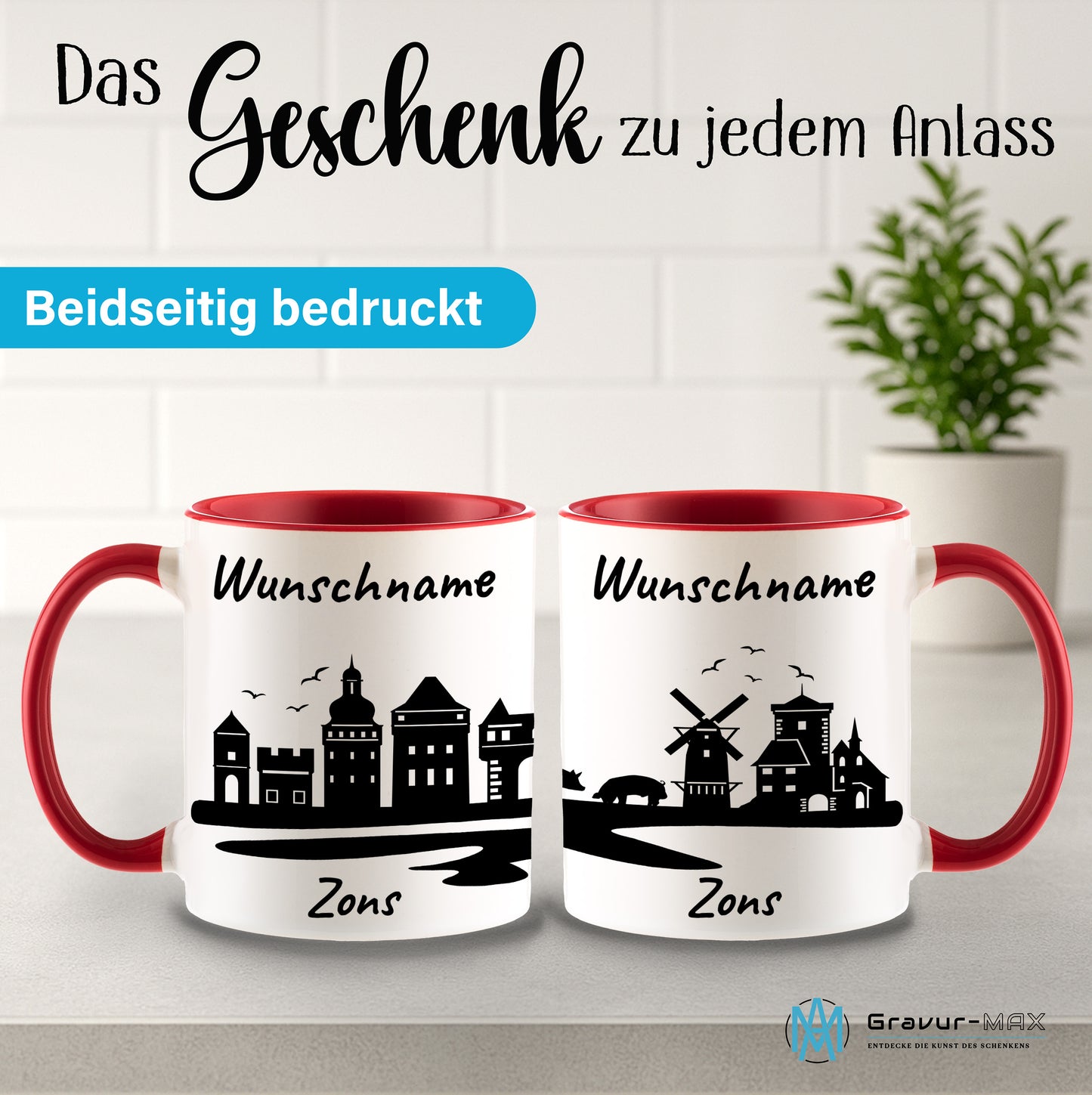 Tasse in Rot 330ml bedruckt mit der Skyline von Zons (Dormagen) personalisierbar mit Wunschname