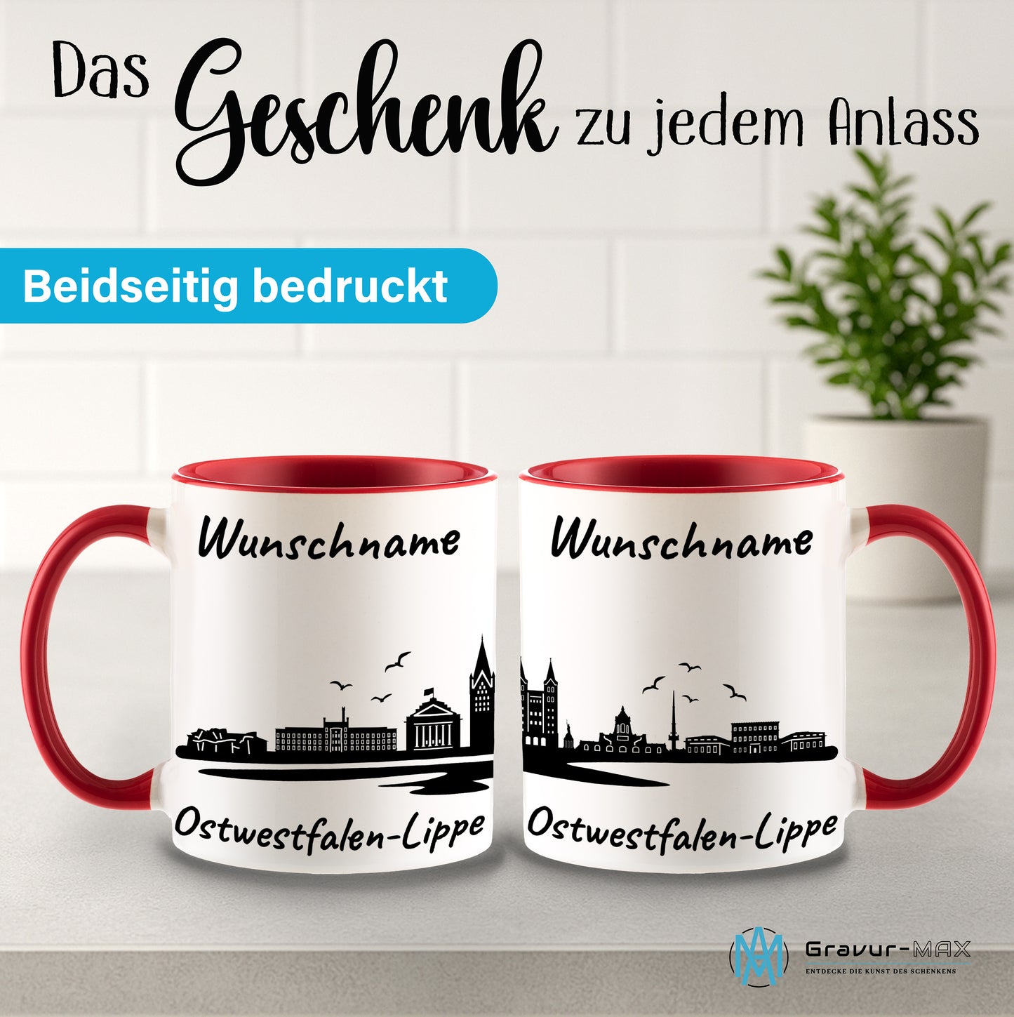 Tasse in Rot 330ml bedruckt mit der Skyline von Ostwestfalen-Lippe personalisierbar mit Wunschname