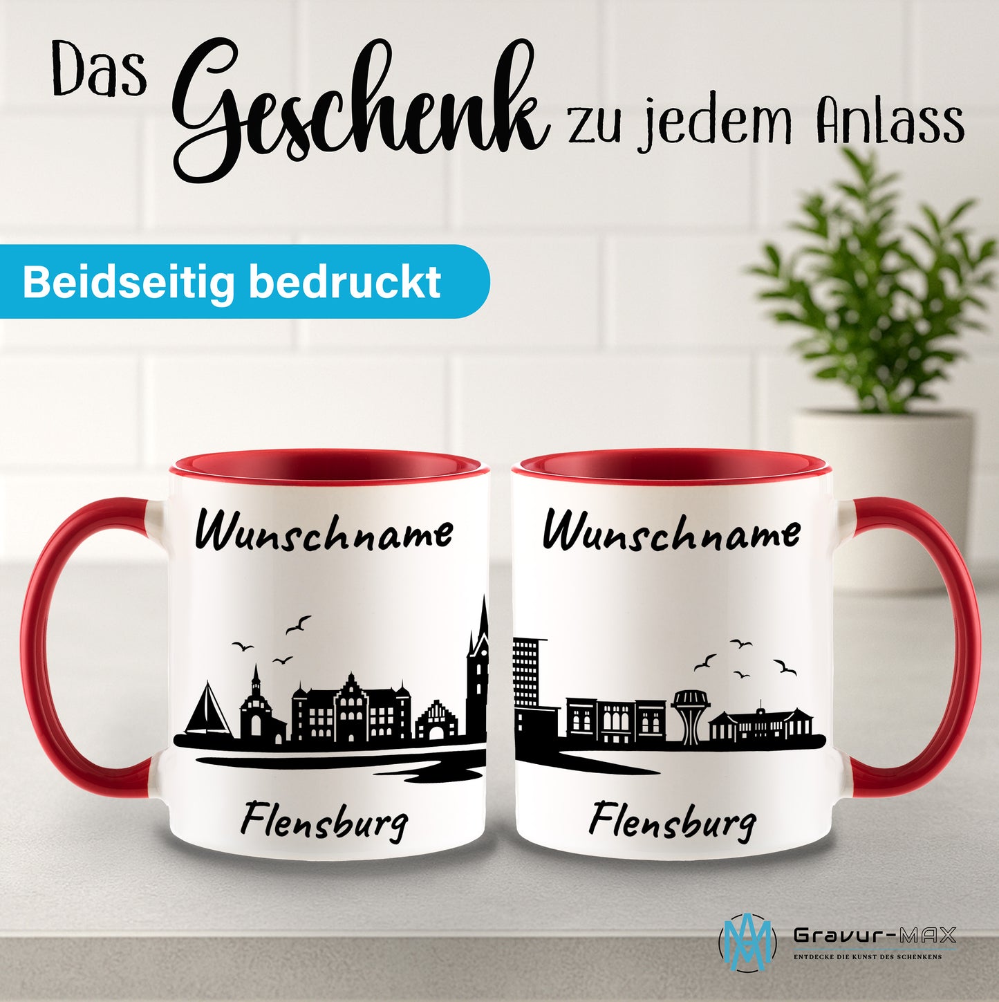 Tasse in Rot 330ml bedruckt mit der Skyline von Flensburg personalisierbar mit Wunschname