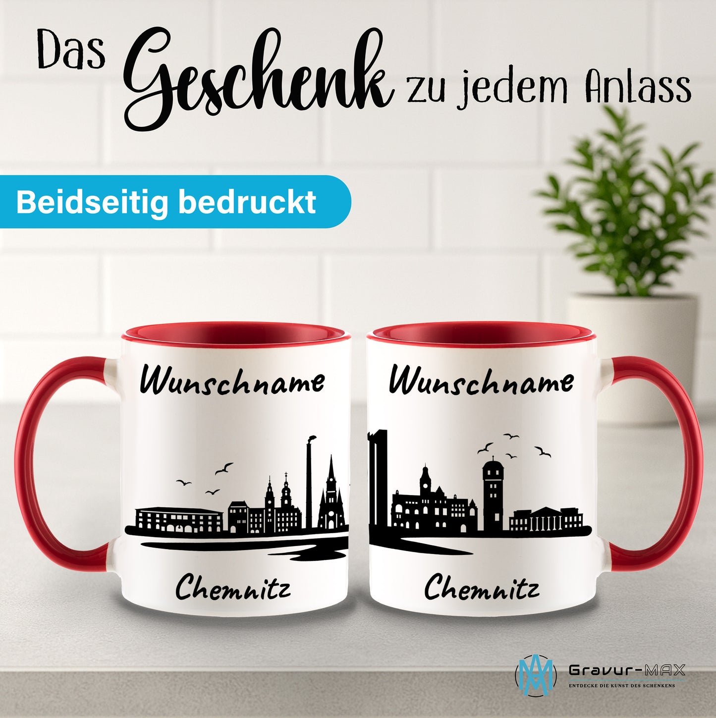 Tasse in Rot 330ml bedruckt mit der Skyline von Chemnitz personalisierbar mit Wunschname