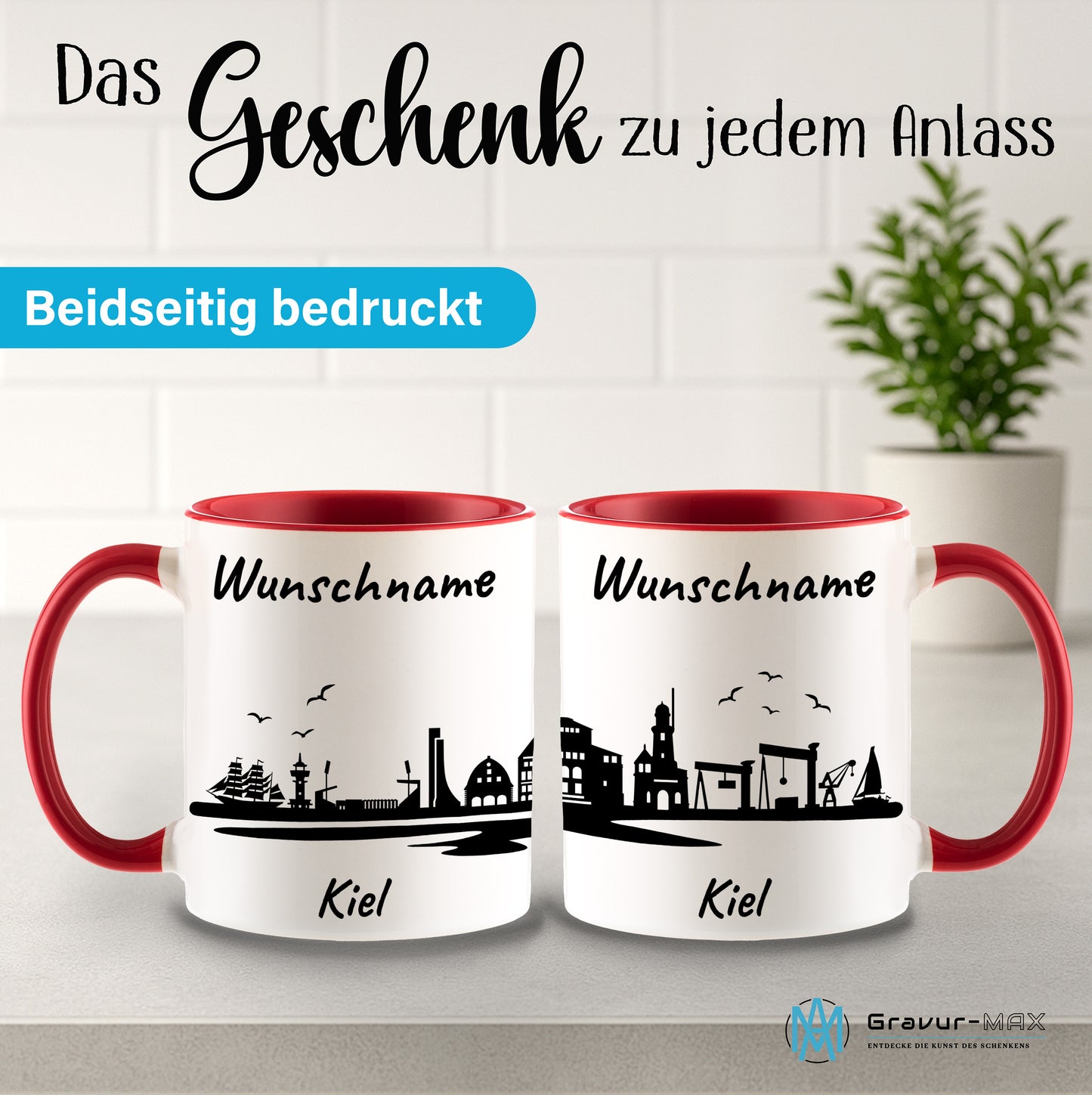Tasse in Rot 330ml bedruckt mit der Skyline von Kiel personalisierbar mit Wunschname