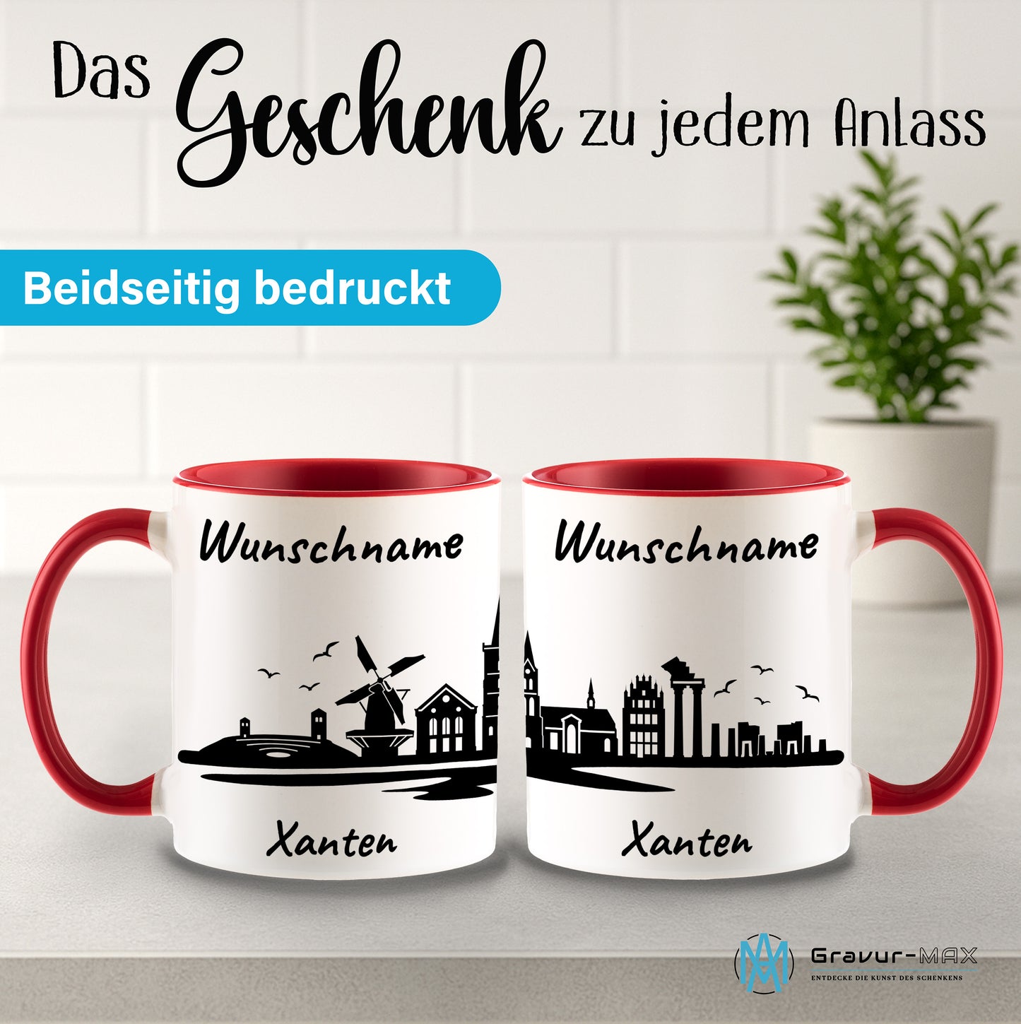 Tasse in Rot 330ml bedruckt mit der Skyline von Xanten personalisierbar mit Wunschname