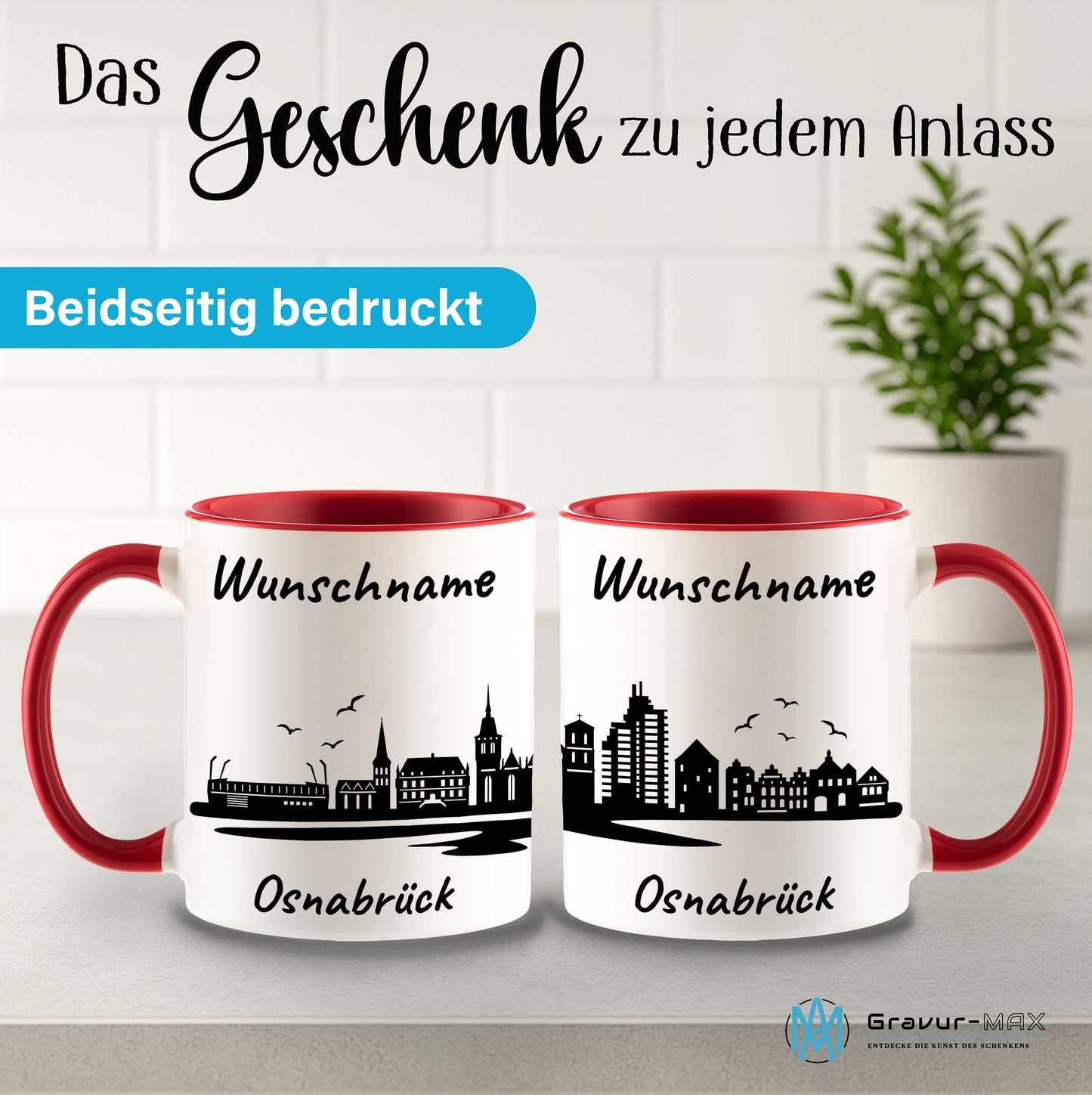 Tasse in Rot 330ml bedruckt mit der Skyline von Osnabrück personalisierbar mit Wunschname