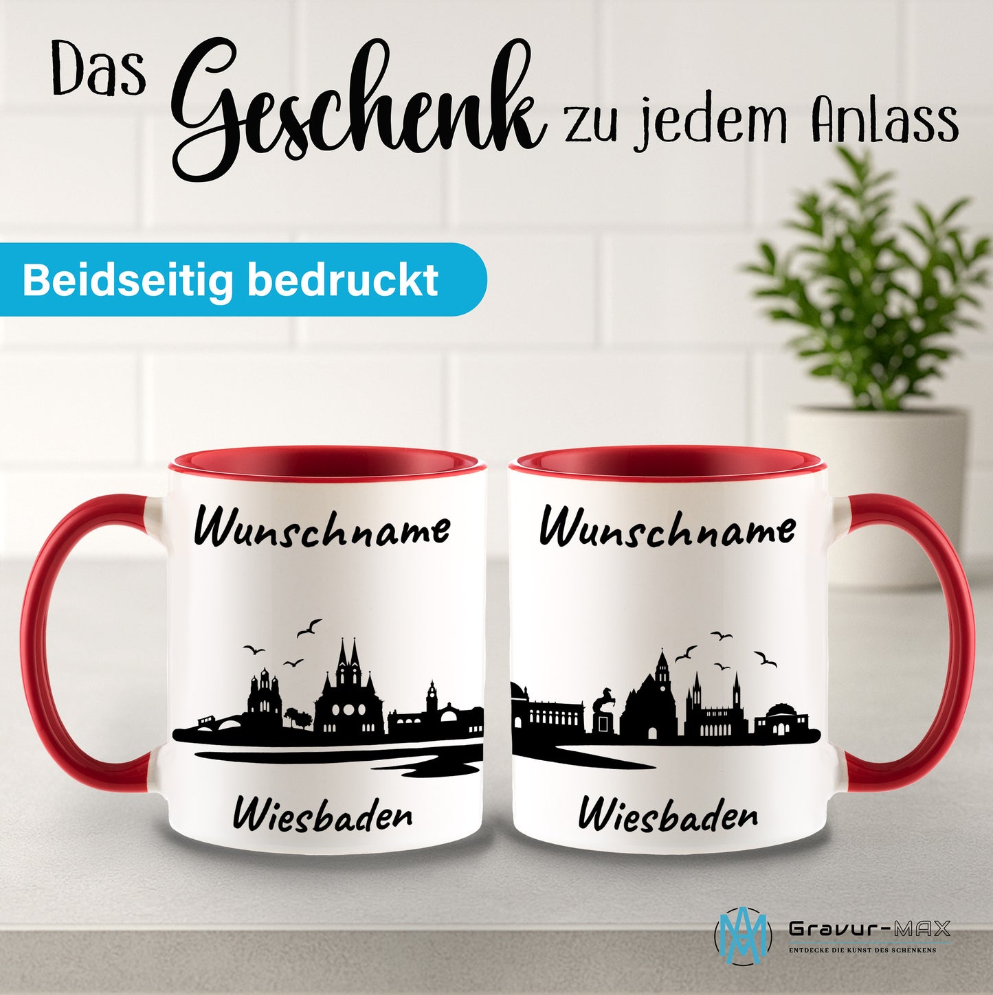 Tasse in Rot 330ml bedruckt mit der Skyline von Wiesbaden personalisierbar mit Wunschname